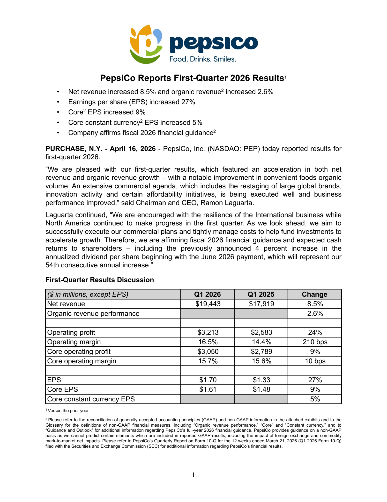 PepsiCo's Q1 2026 Press Release