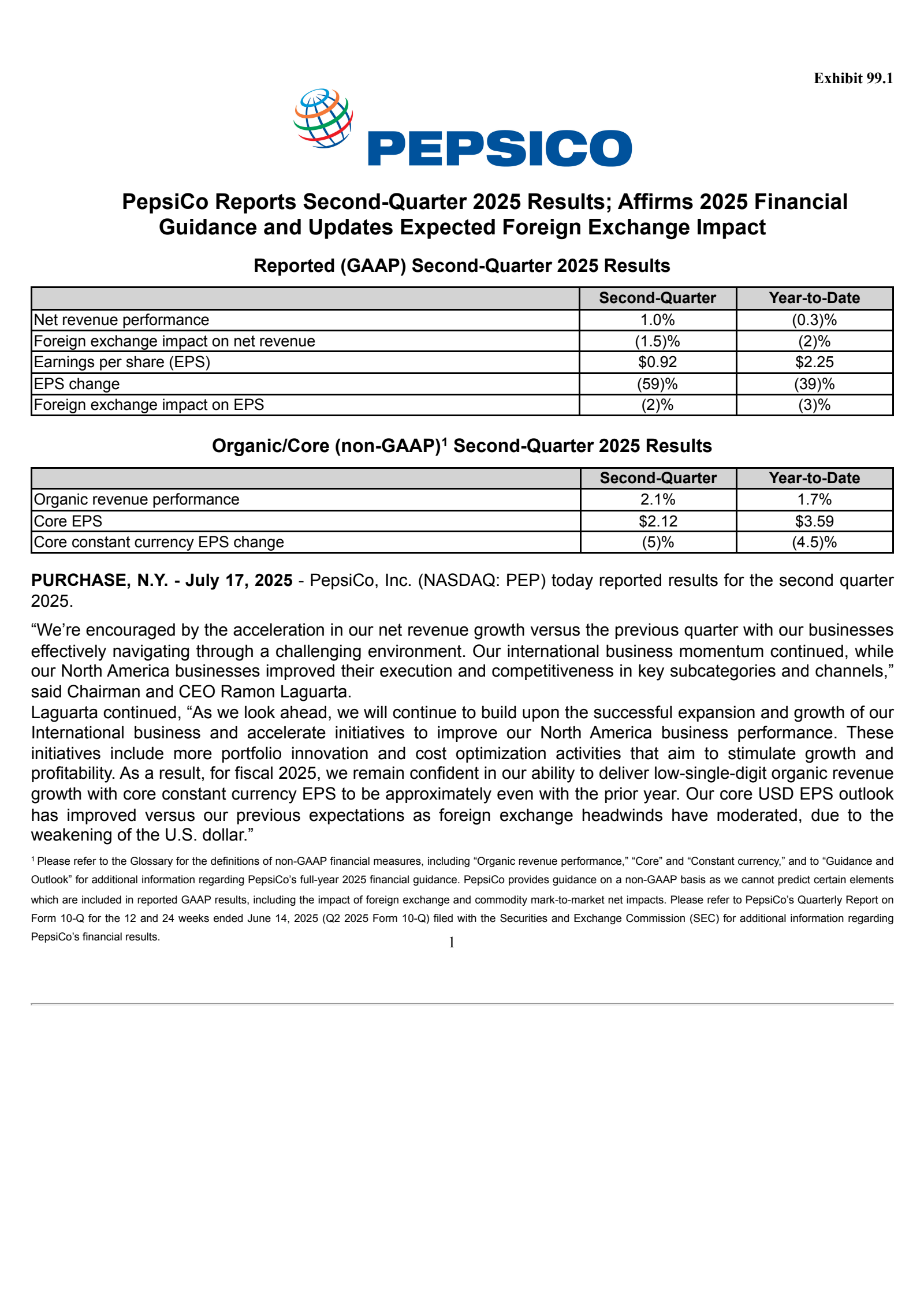 PepsiCo's Q2 2025 Press Release
