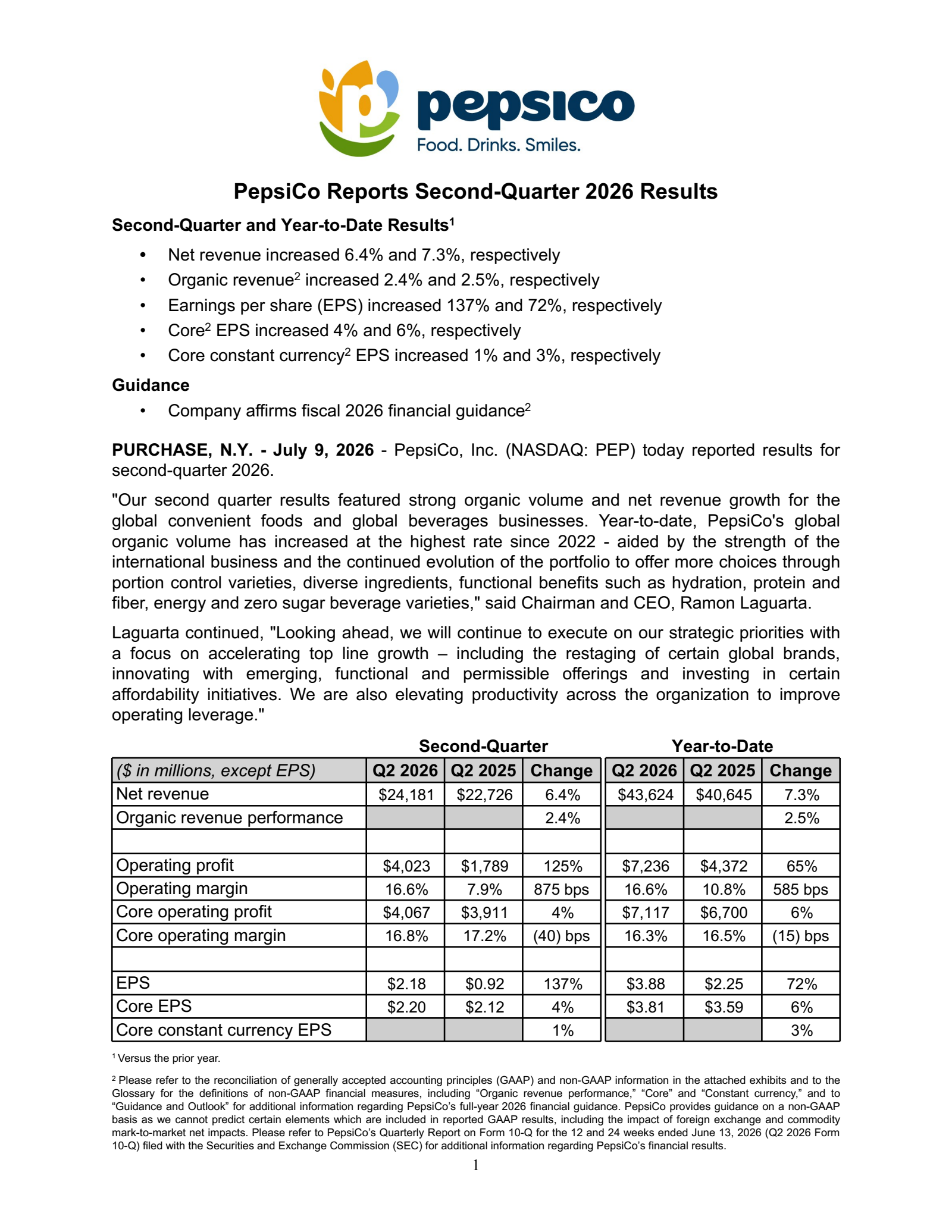 PepsiCo's Q2 2026 Press Release