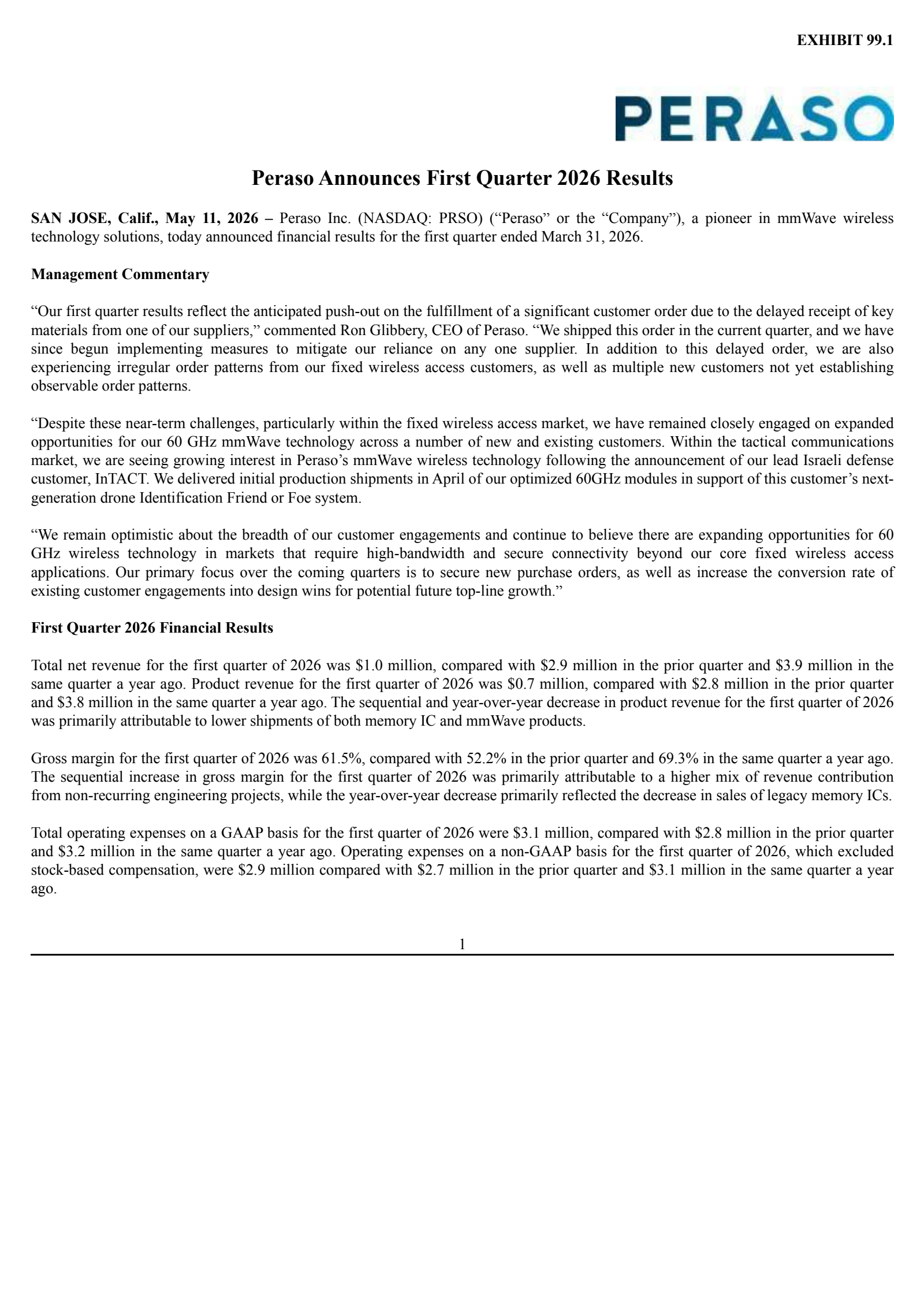 Peraso's Q1 2026 Press Release