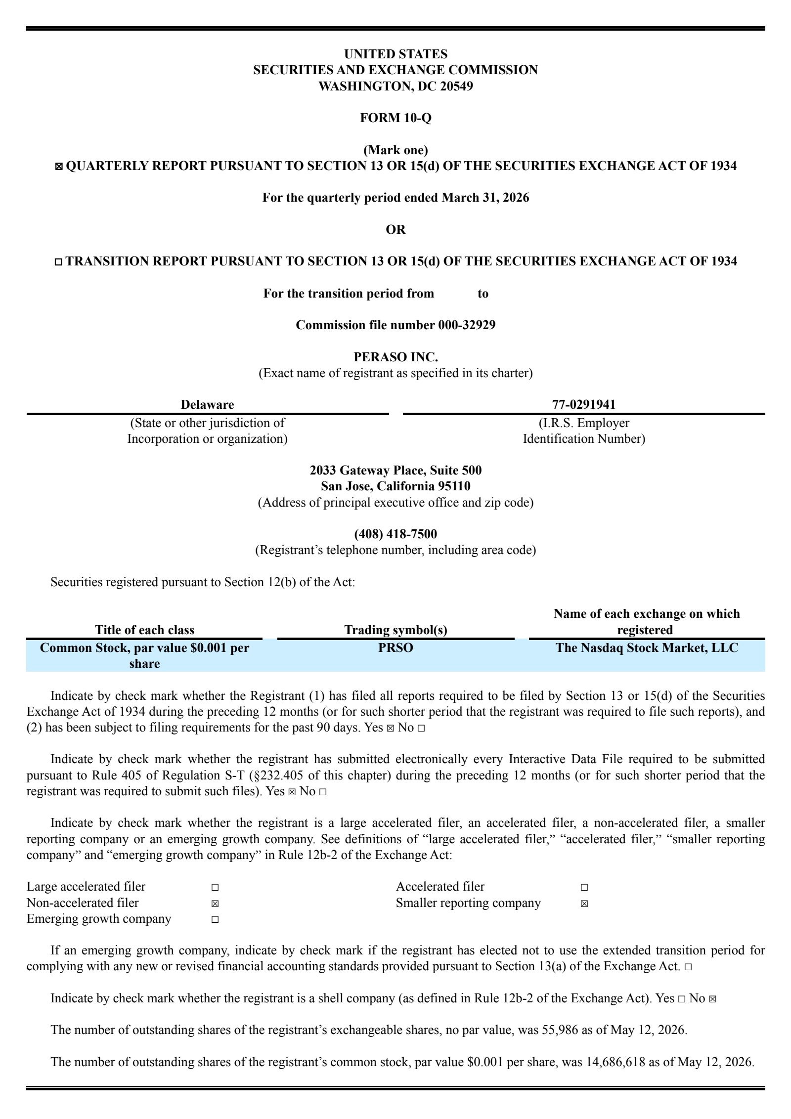 Peraso's Q1 2026 Quarterly report