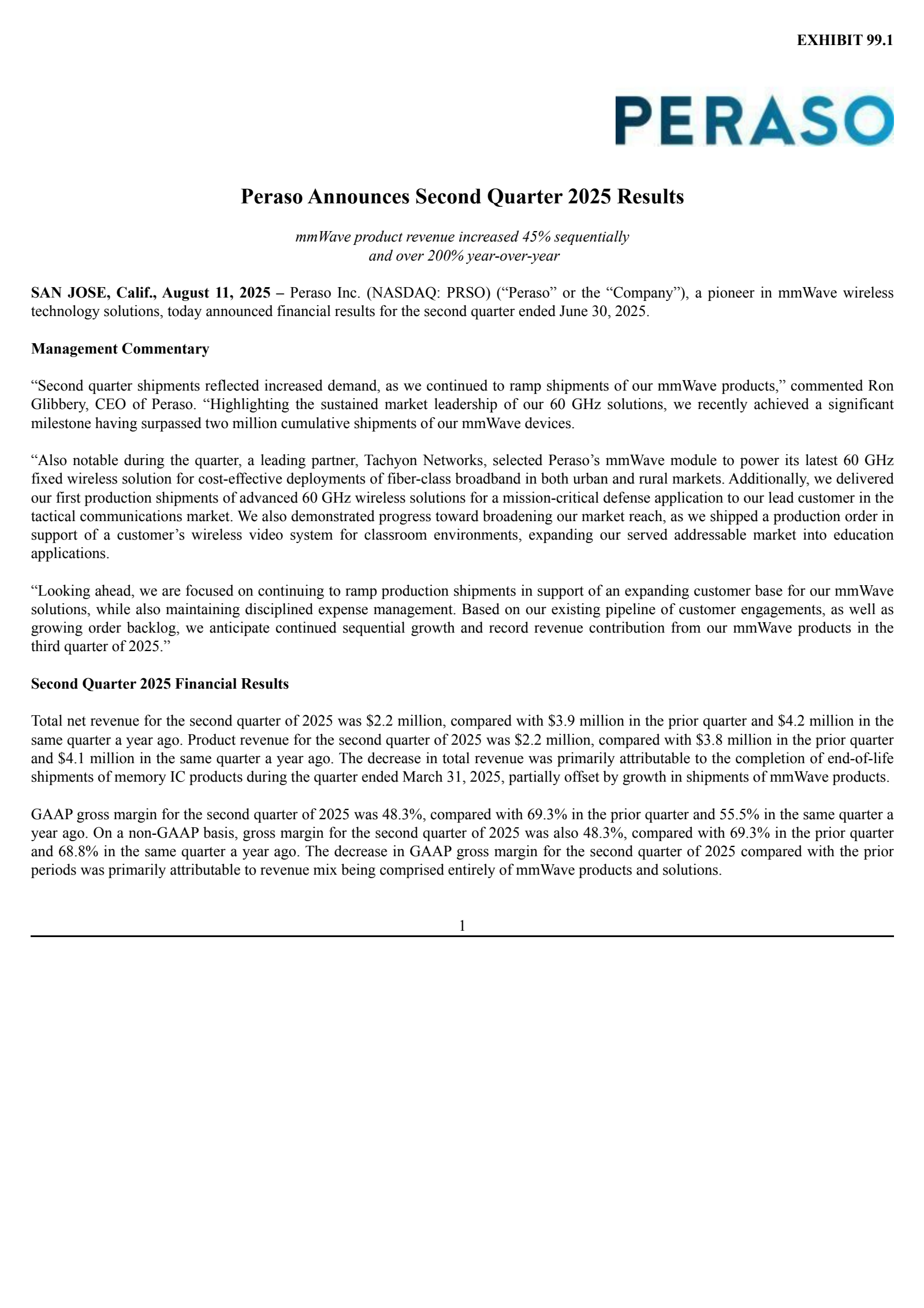Peraso's Q2 2025 Press Release