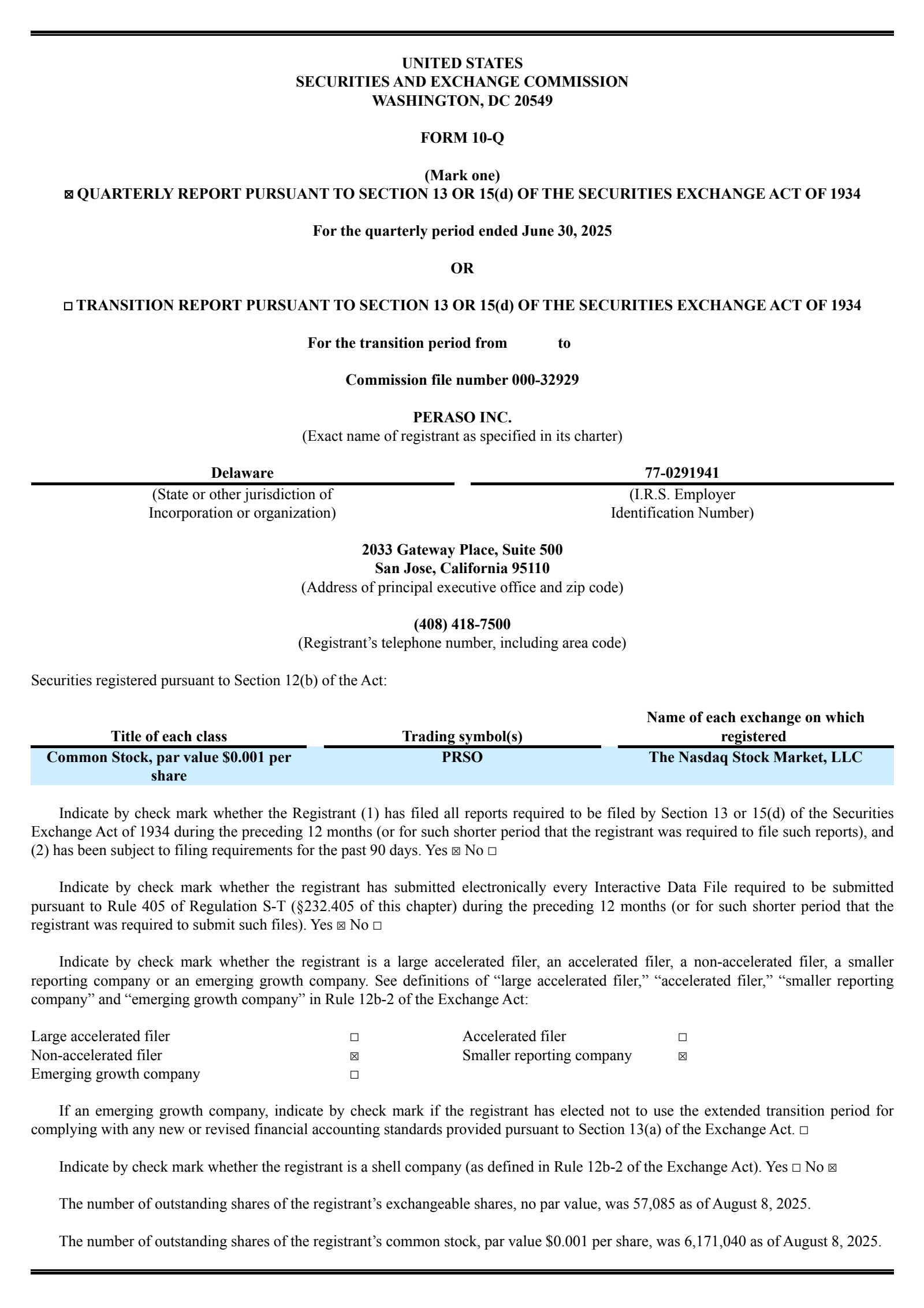 Peraso's Q2 2025 Quarterly report