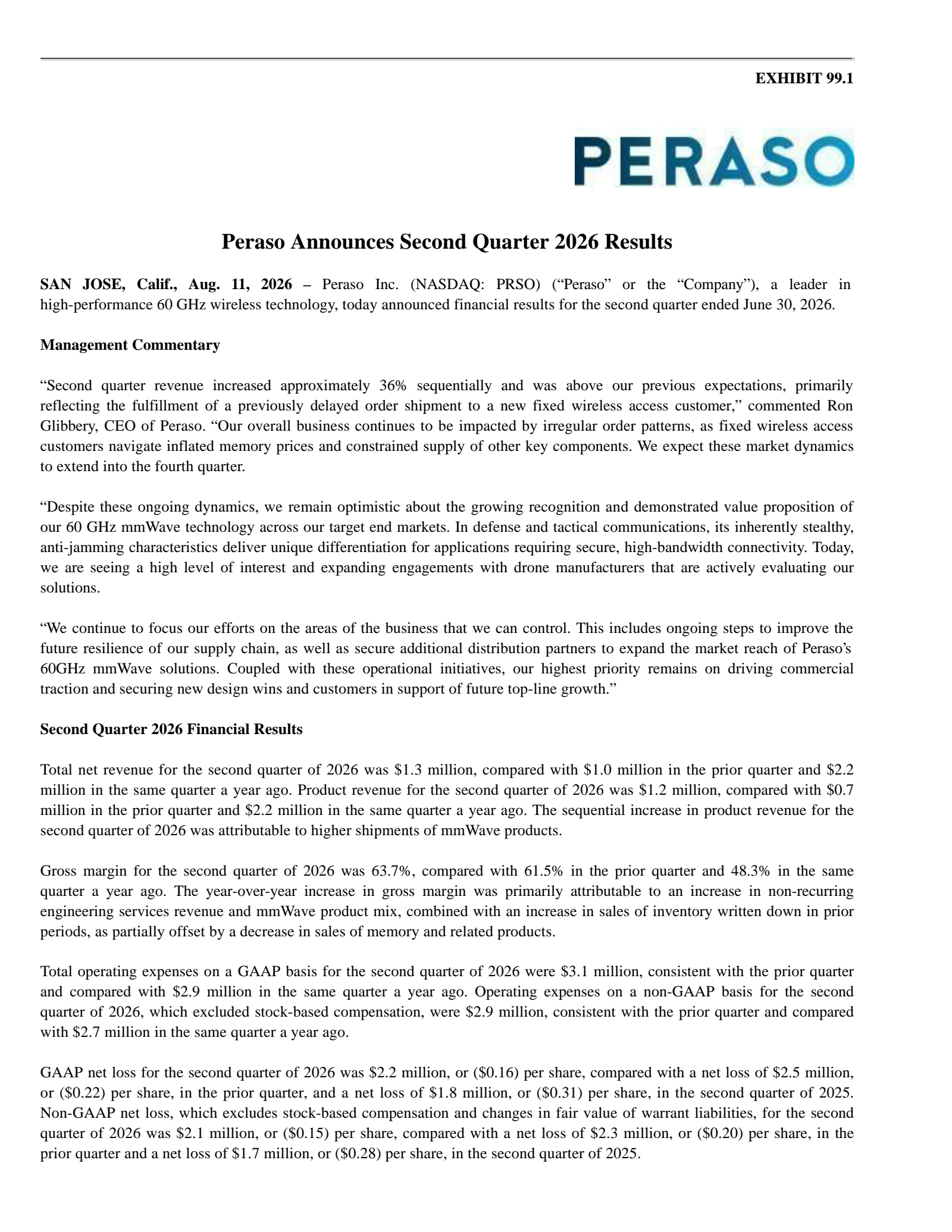 Peraso's Q2 2026 Press Release