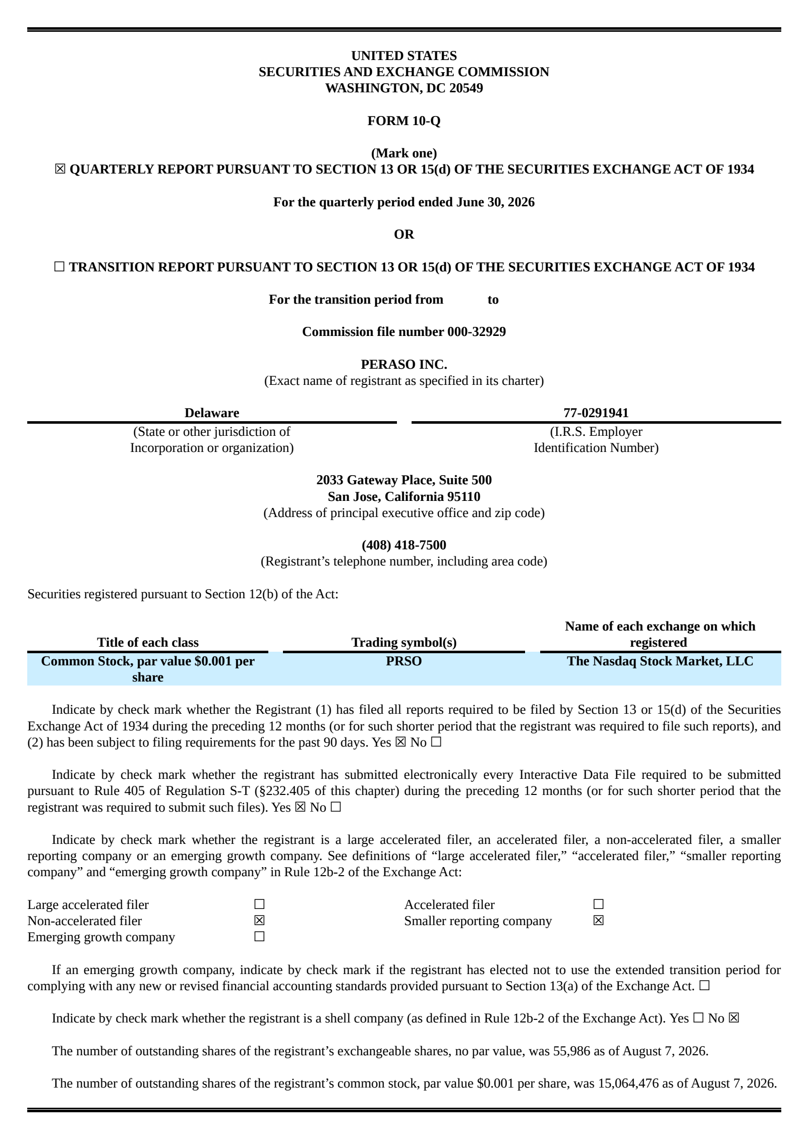 Peraso's Q2 2026 Quarterly report