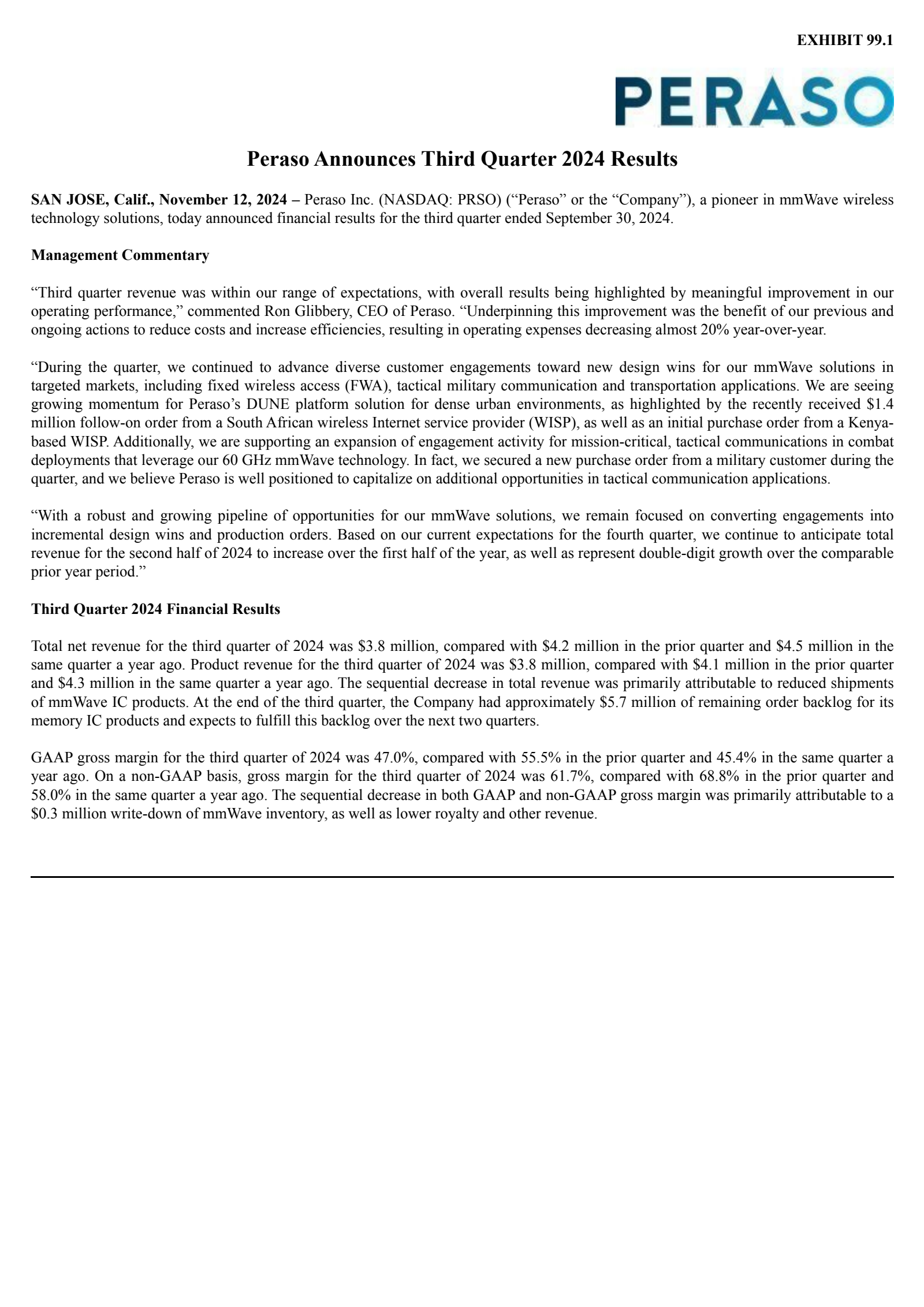 Peraso's Q3 2024 Press Release
