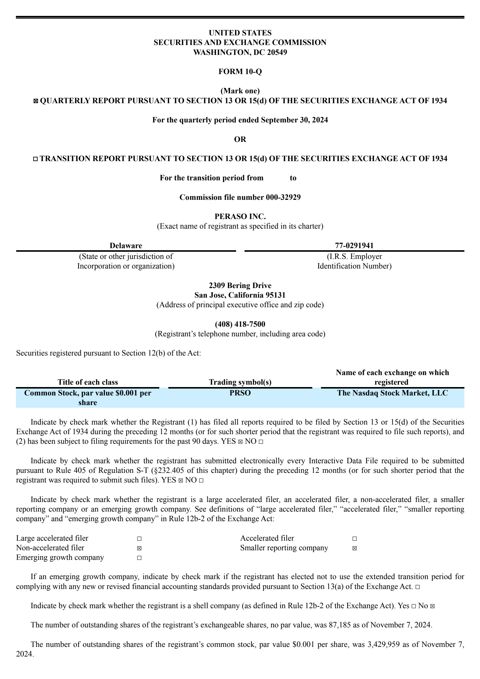 Peraso's Q3 2024 Quarterly report