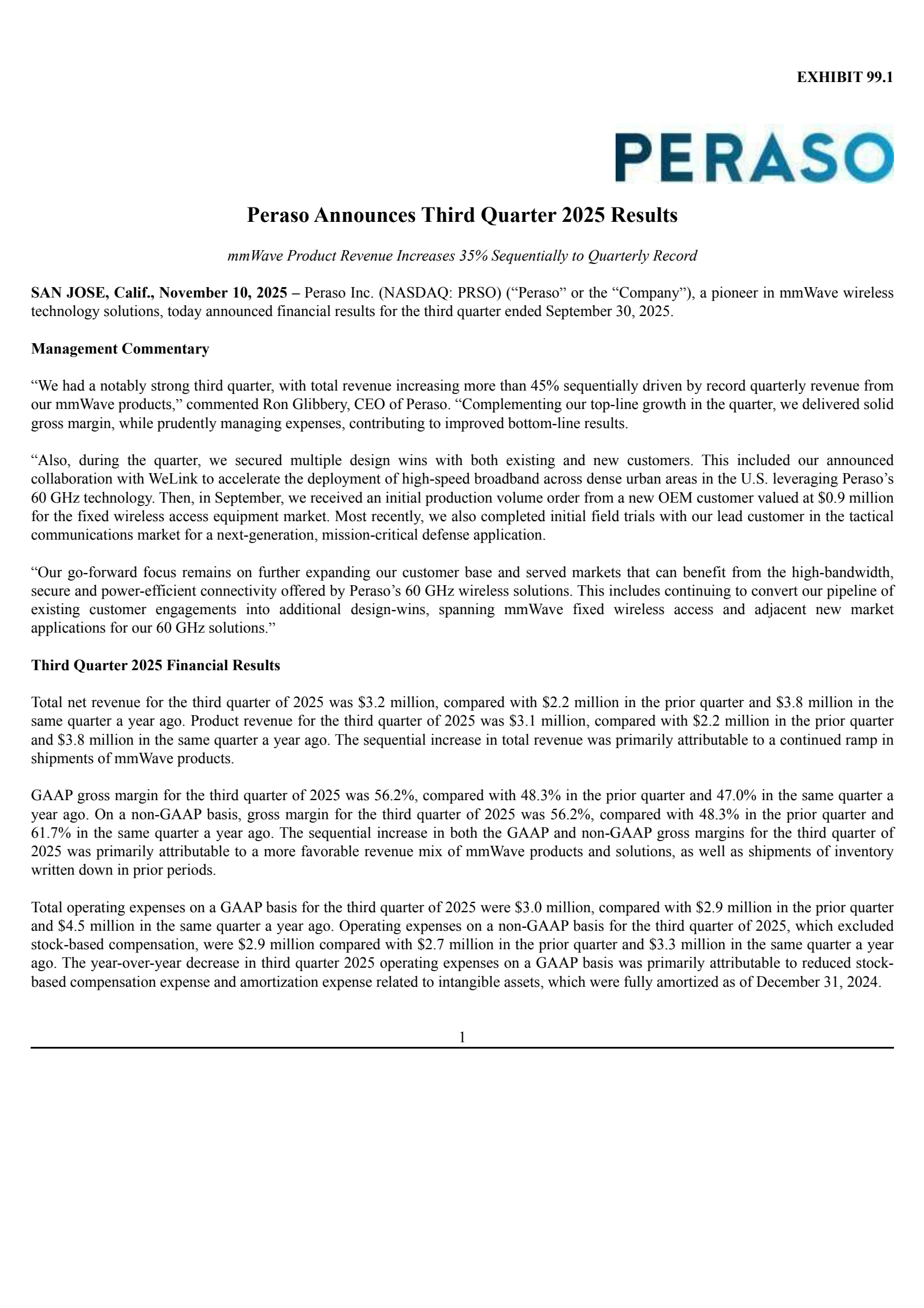 Peraso's Q3 2025 Earnings Release