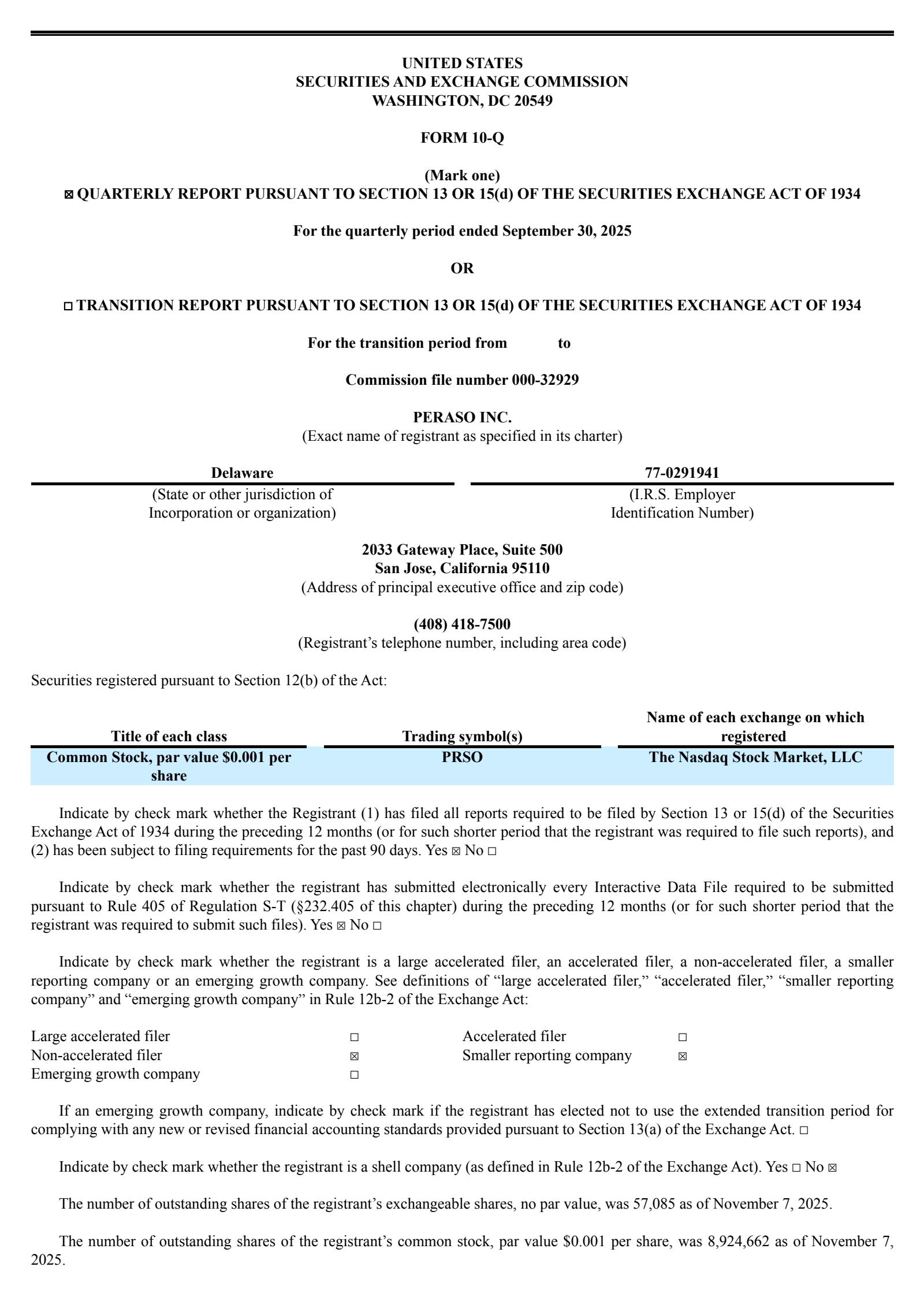 Peraso's Q3 2025 Quarterly Report
