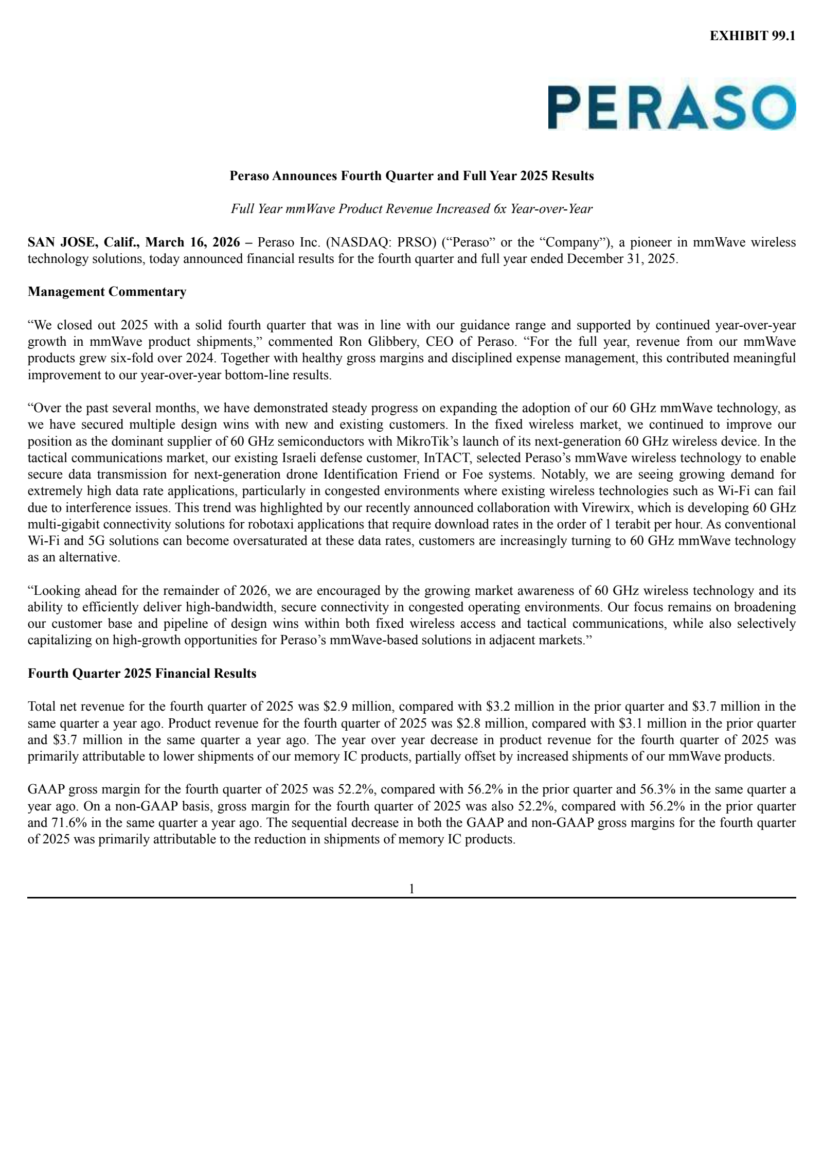 Peraso's Q4 2025 Press Release
