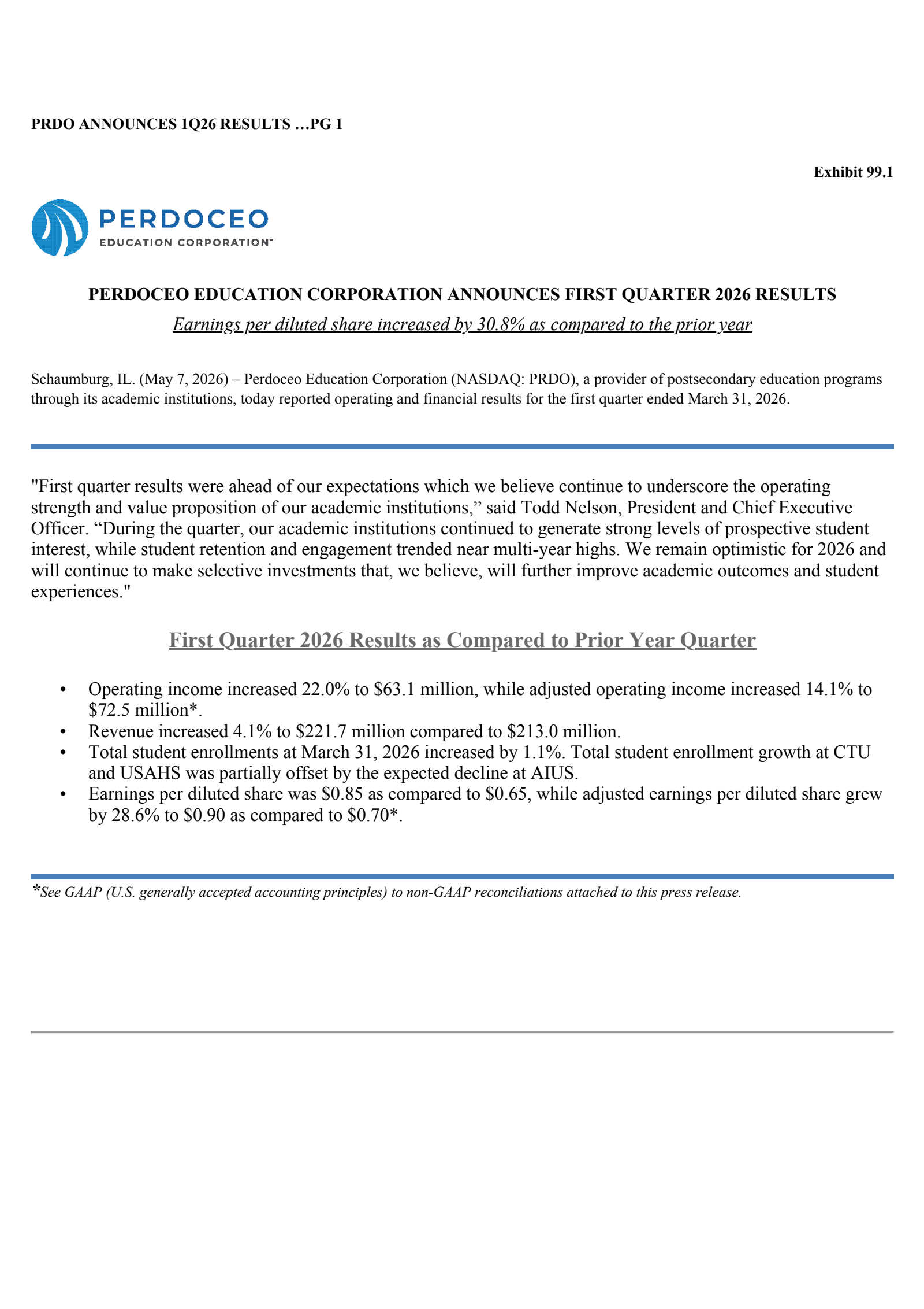 Perdoceo Education's Q1 2026 Press Release