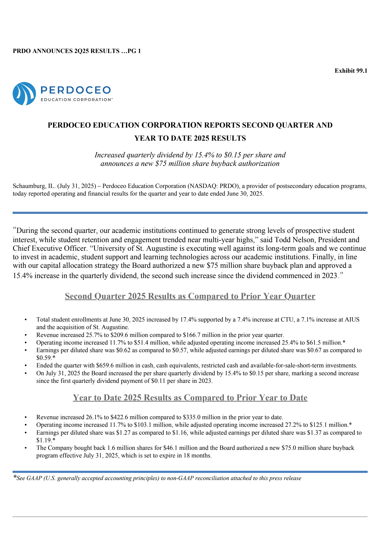 Perdoceo Education's Q2 2025 Press Release