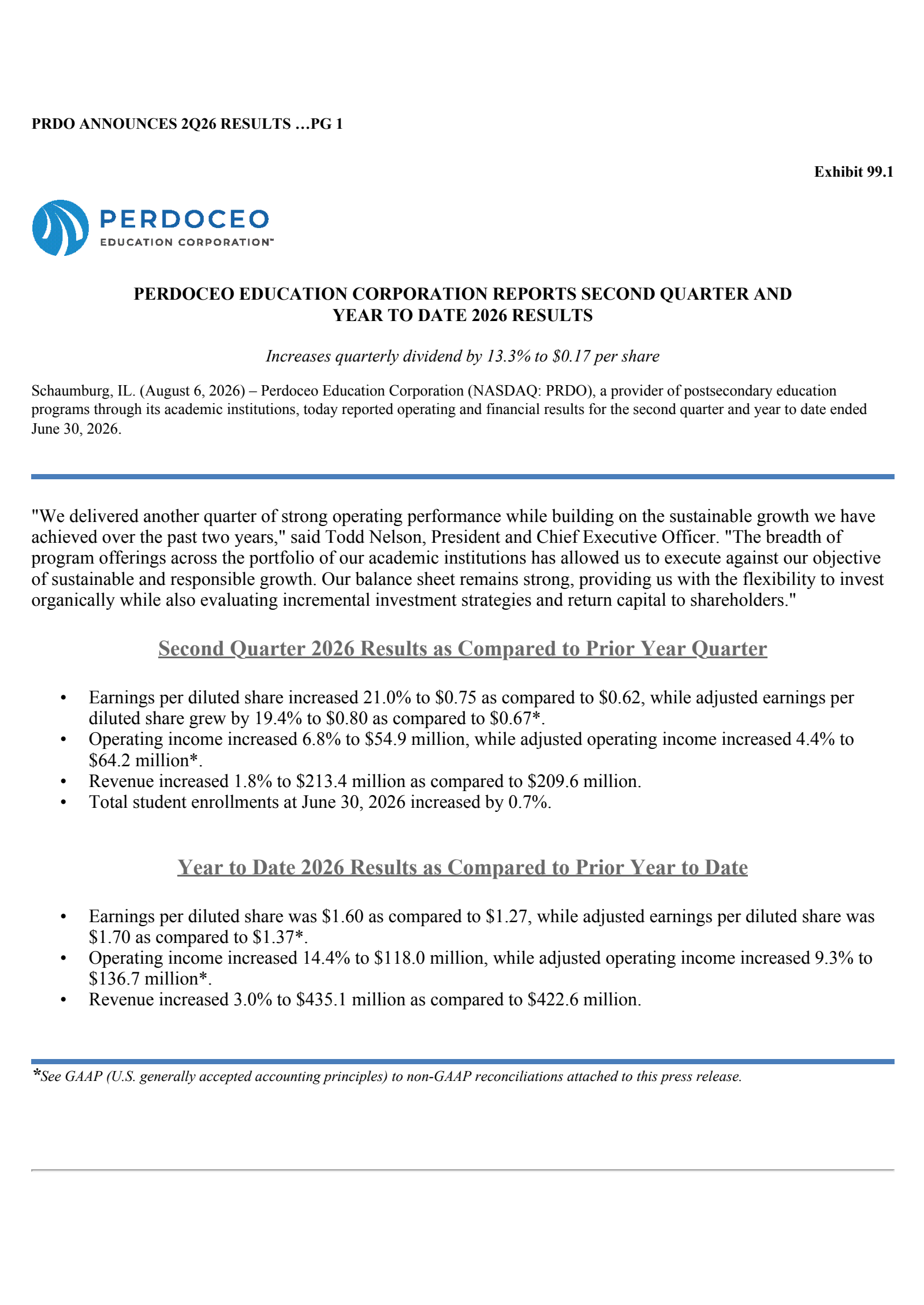 Perdoceo Education's Q2 2026 Press Release