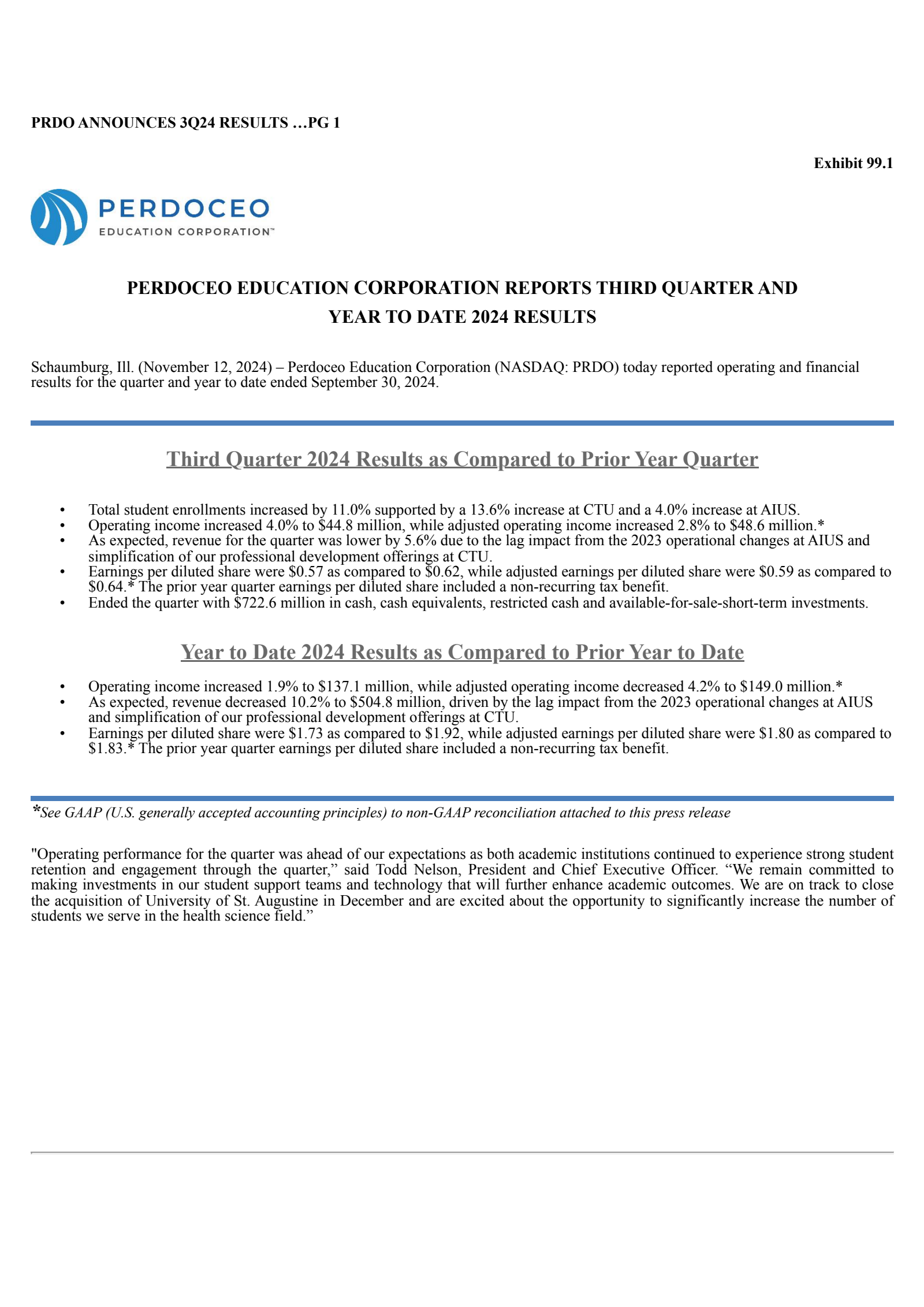 Perdoceo Education's Q3 2024 Press Release