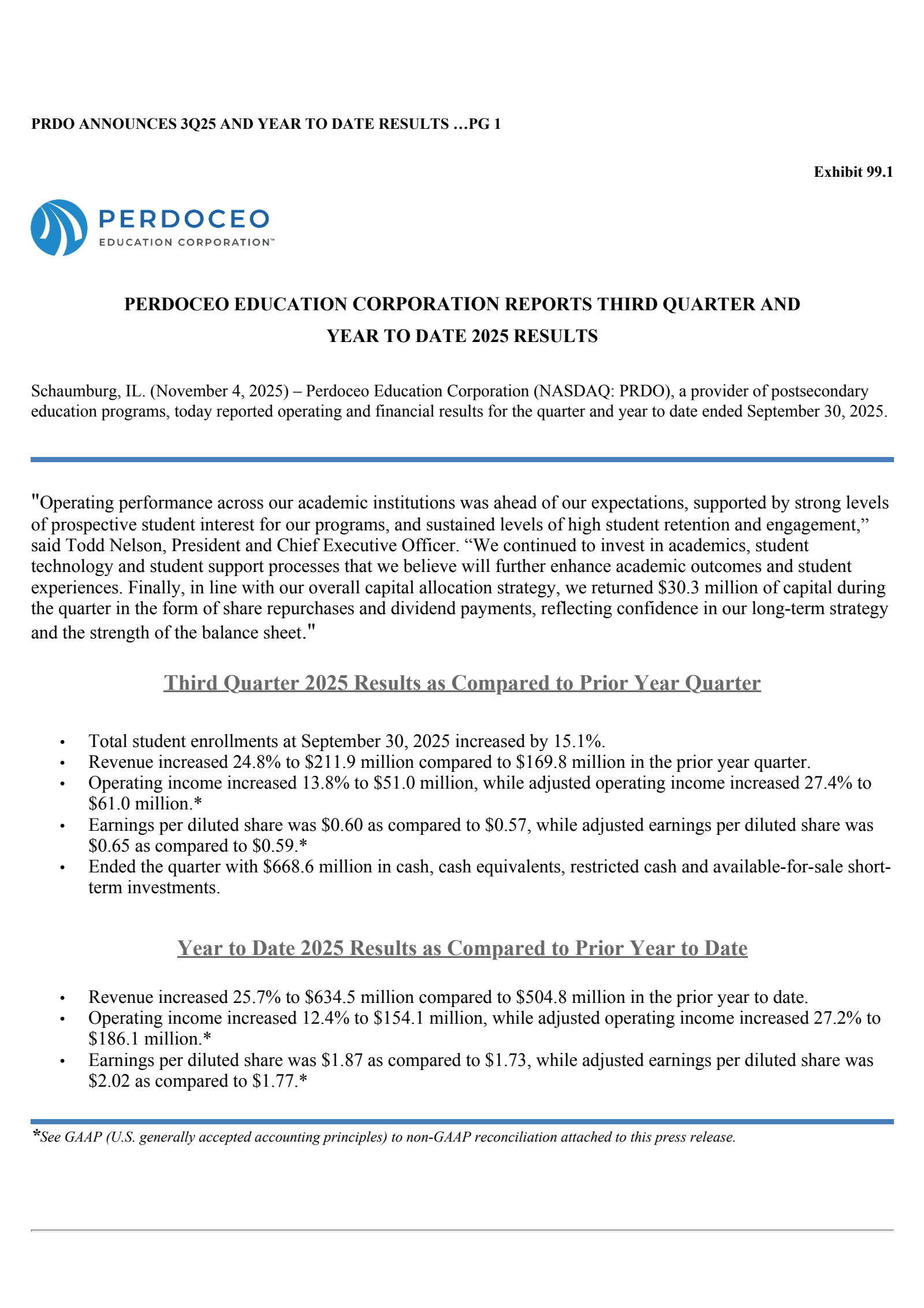 Perdoceo Education's Q3 2025 Earnings Release