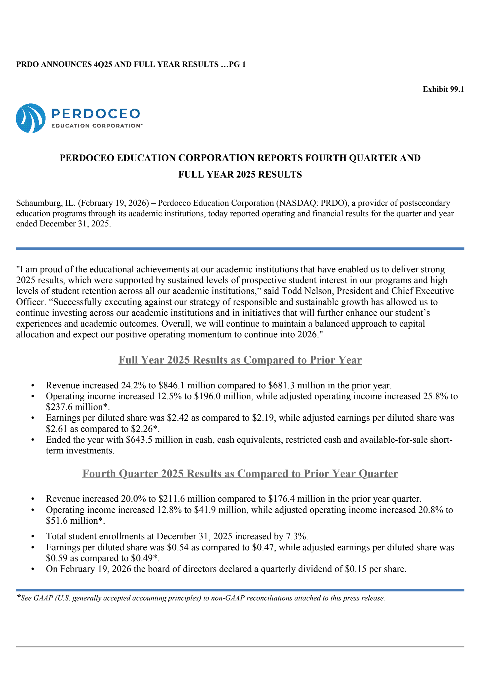 Perdoceo Education's Q4 2025 Press Release