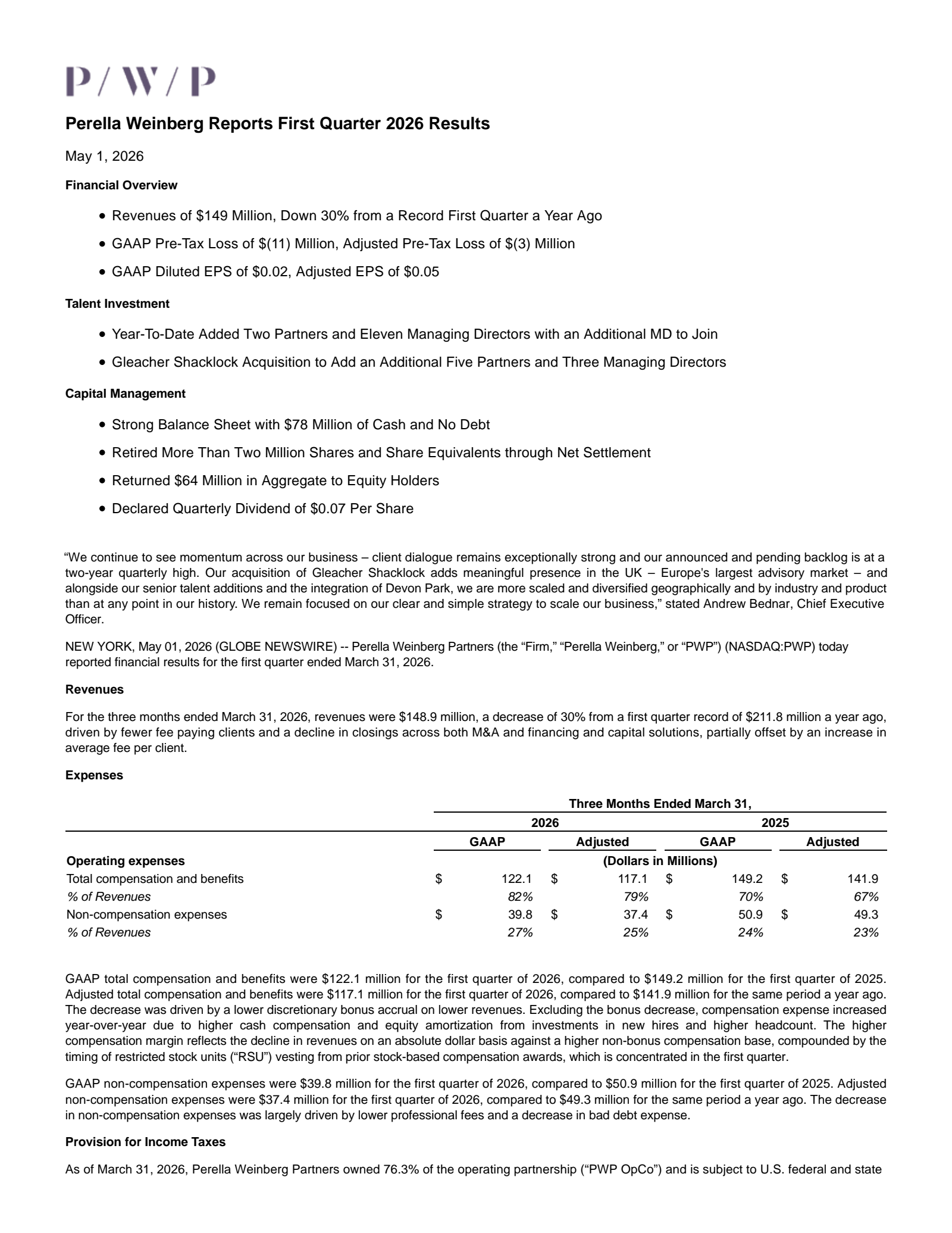 Perella Weinberg Partners' Q1 2026 Press Release