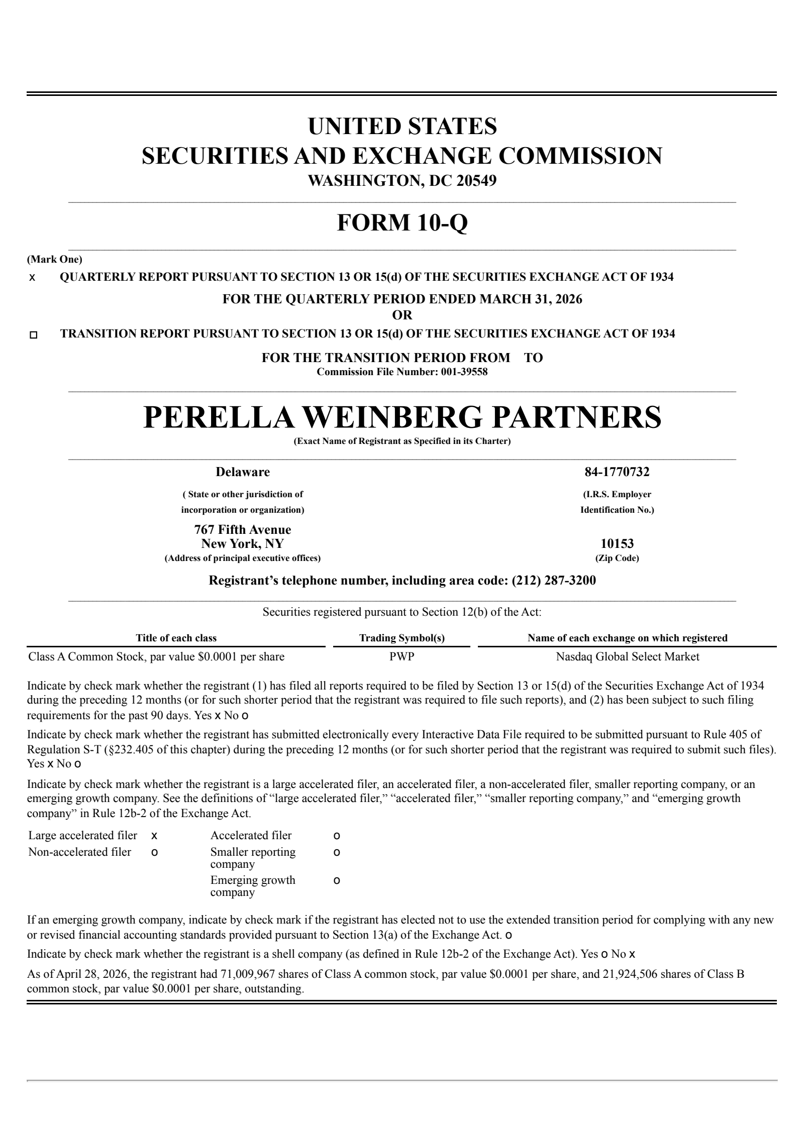 Perella Weinberg Partners' Q1 2026 Quarterly report