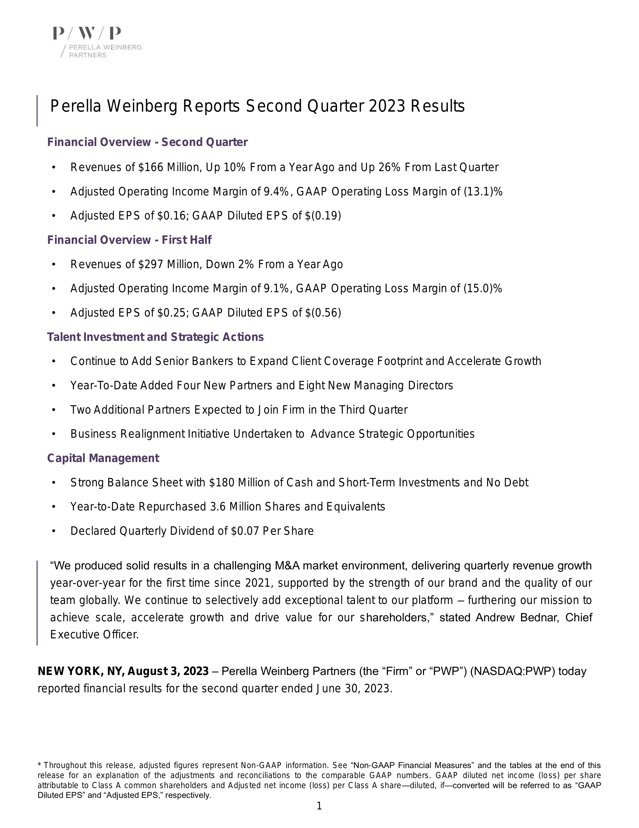 Perella Weinberg Partners' Q2 2023 Press Release
