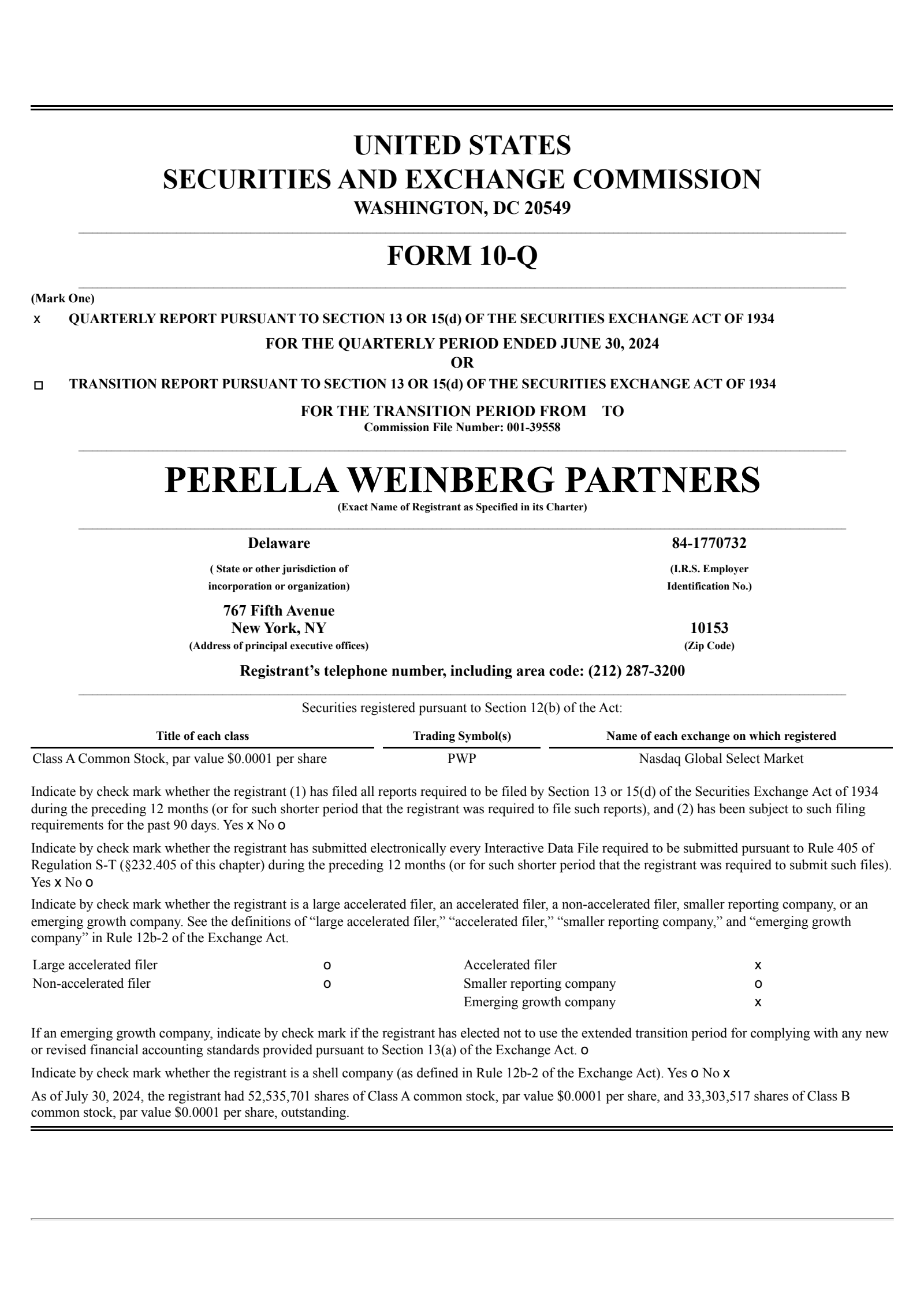 Perella Weinberg Partners' Q2 2024 Quarterly report