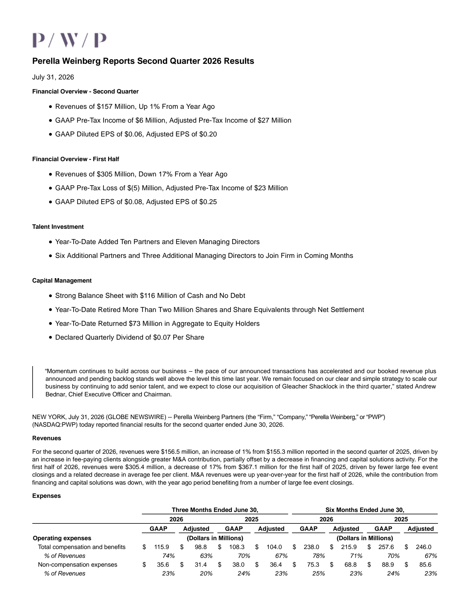 Perella Weinberg Partners' Q2 2026 Press Release