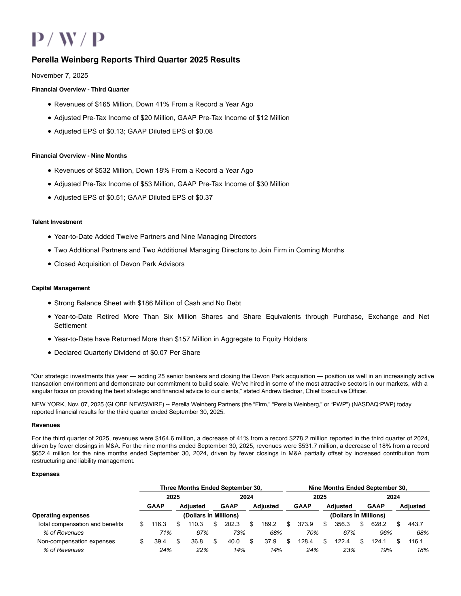 Perella Weinberg Partners' Q3 2025 Earnings Release
