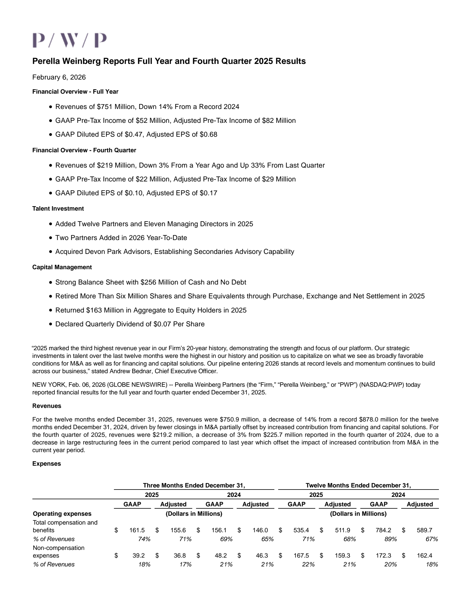 Perella Weinberg Partners' Q4 2025 Press Release