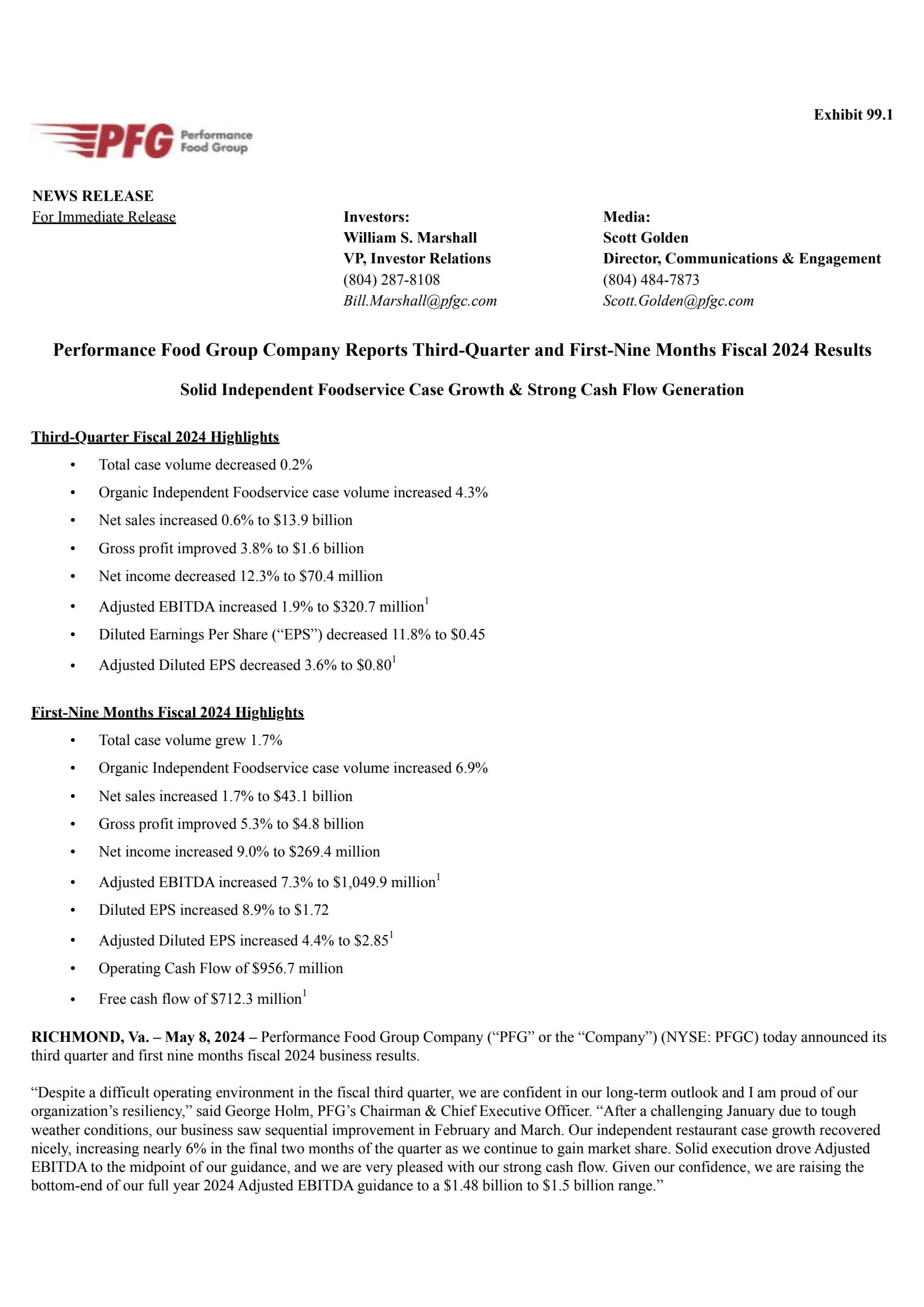 Performance Food Group's Q3 2024 Press Release