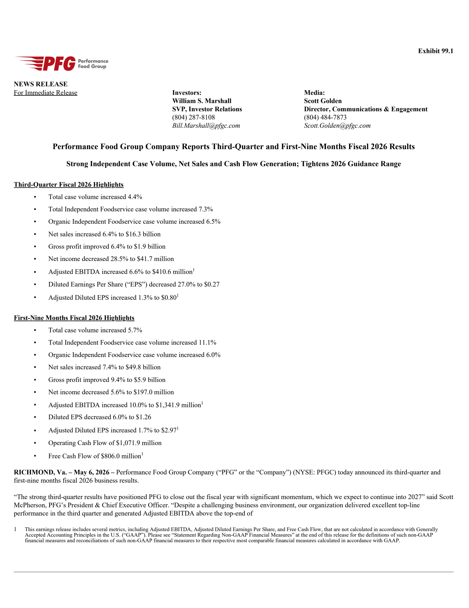 Performance Food Group's Q3 2026 Press Release