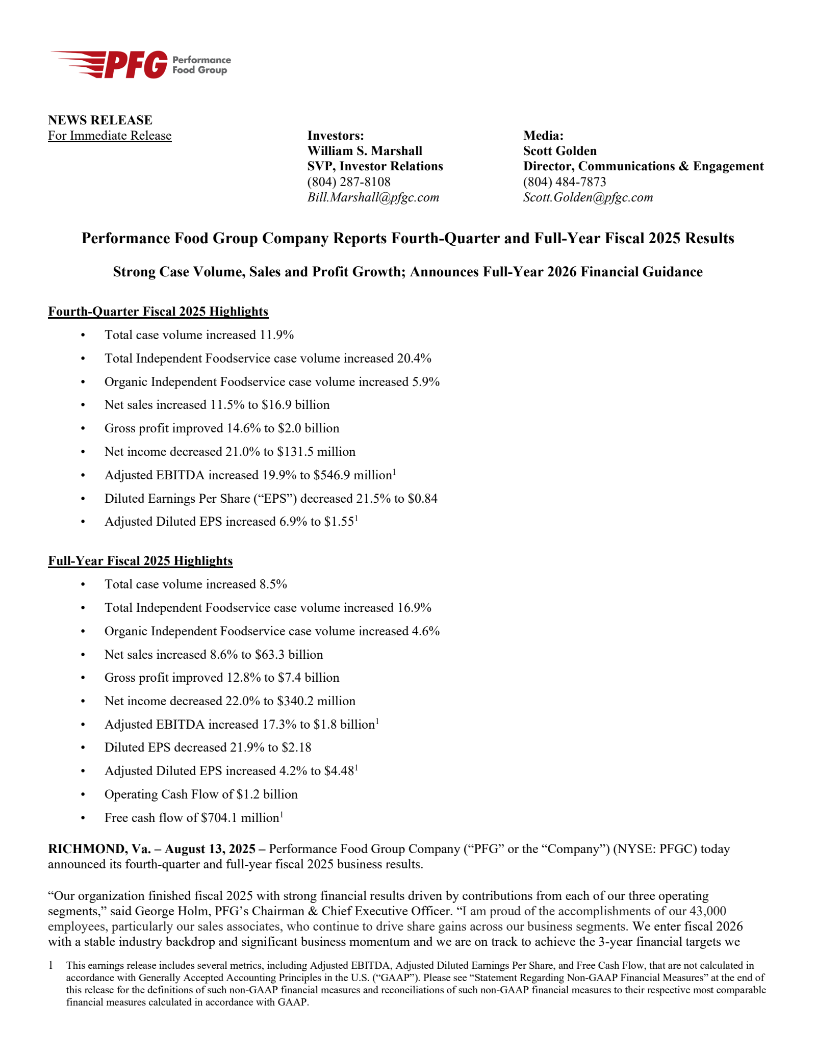 Performance Food Group's Q4 2025 Press Release