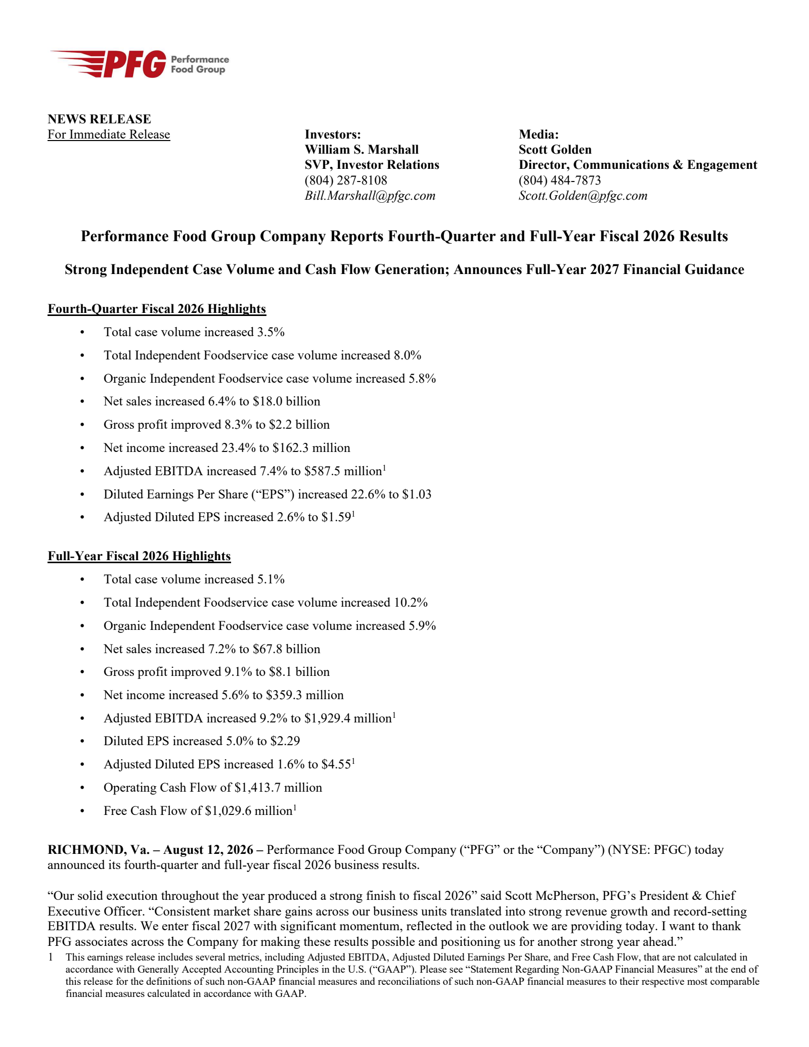 Performance Food Group's Q4 2026 Press Release