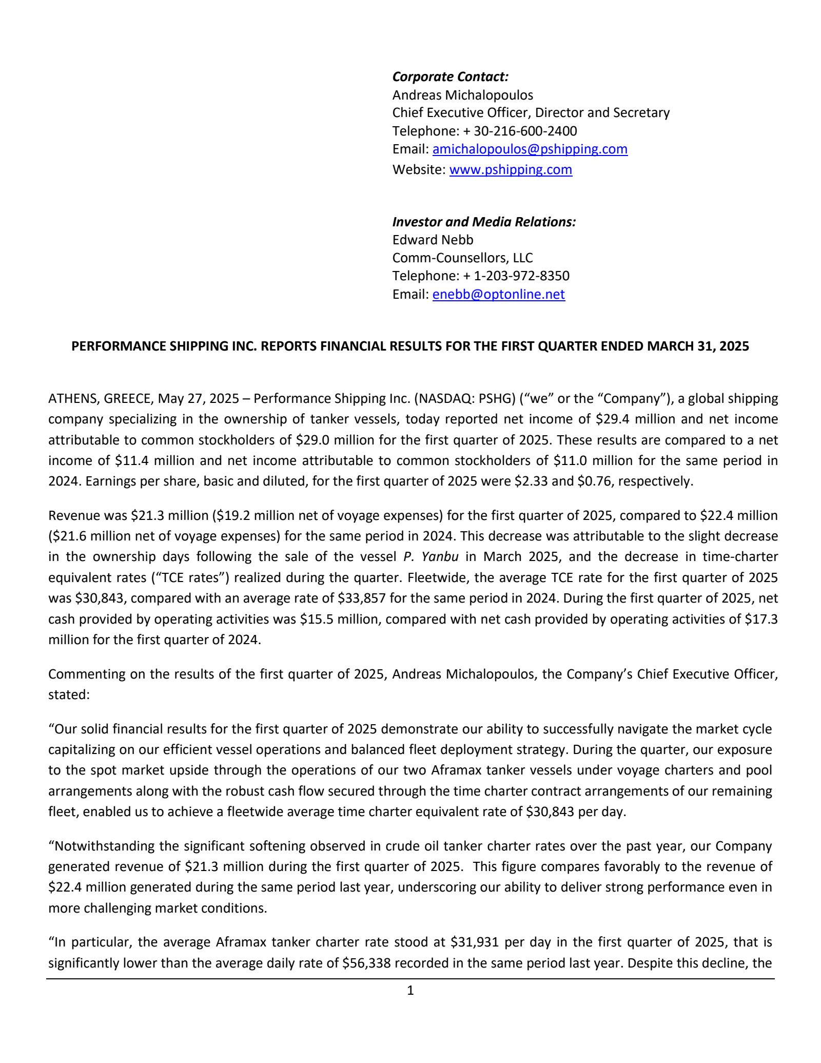 Performance Shipping's Q1 2025 Press Release