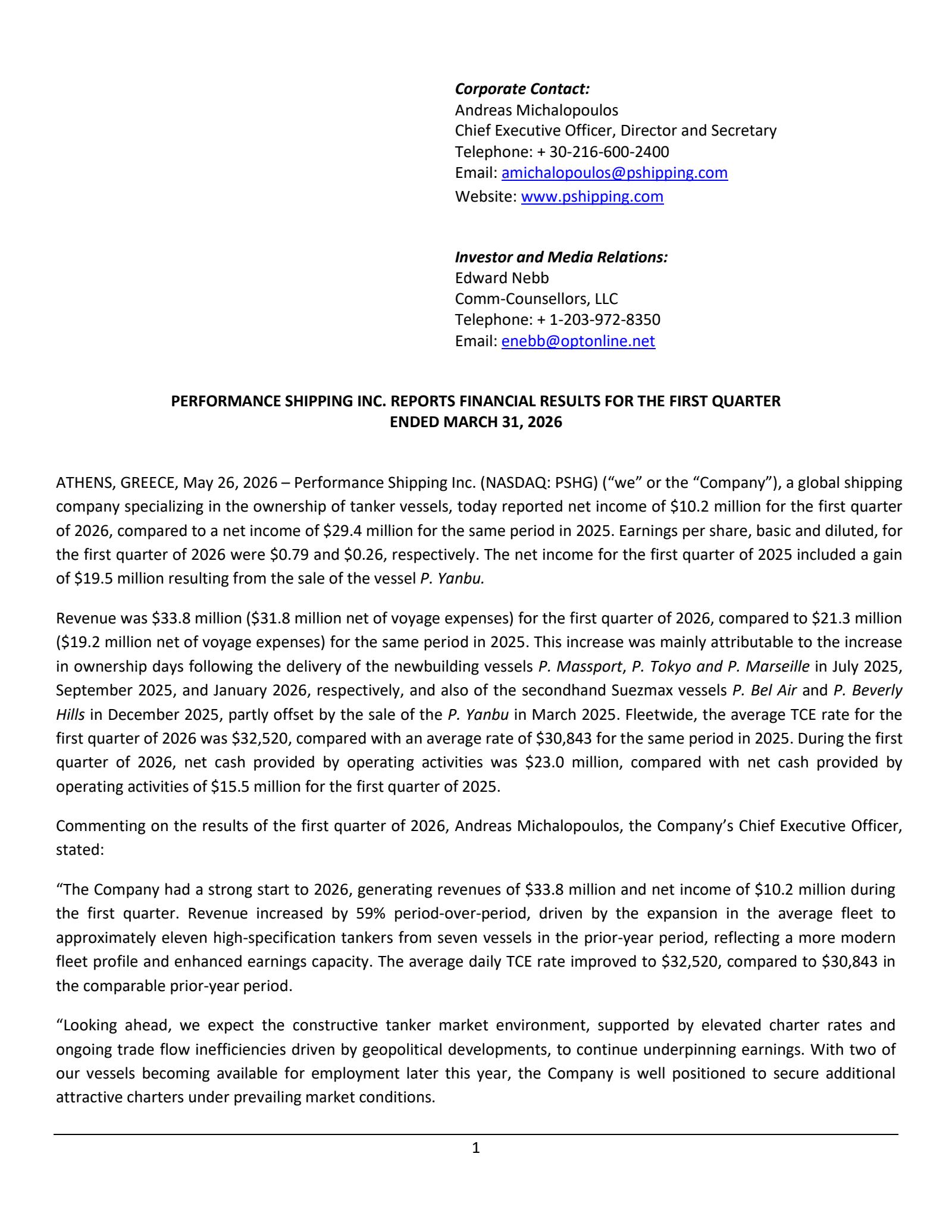 Performance Shipping's Q1 2026 Press Release