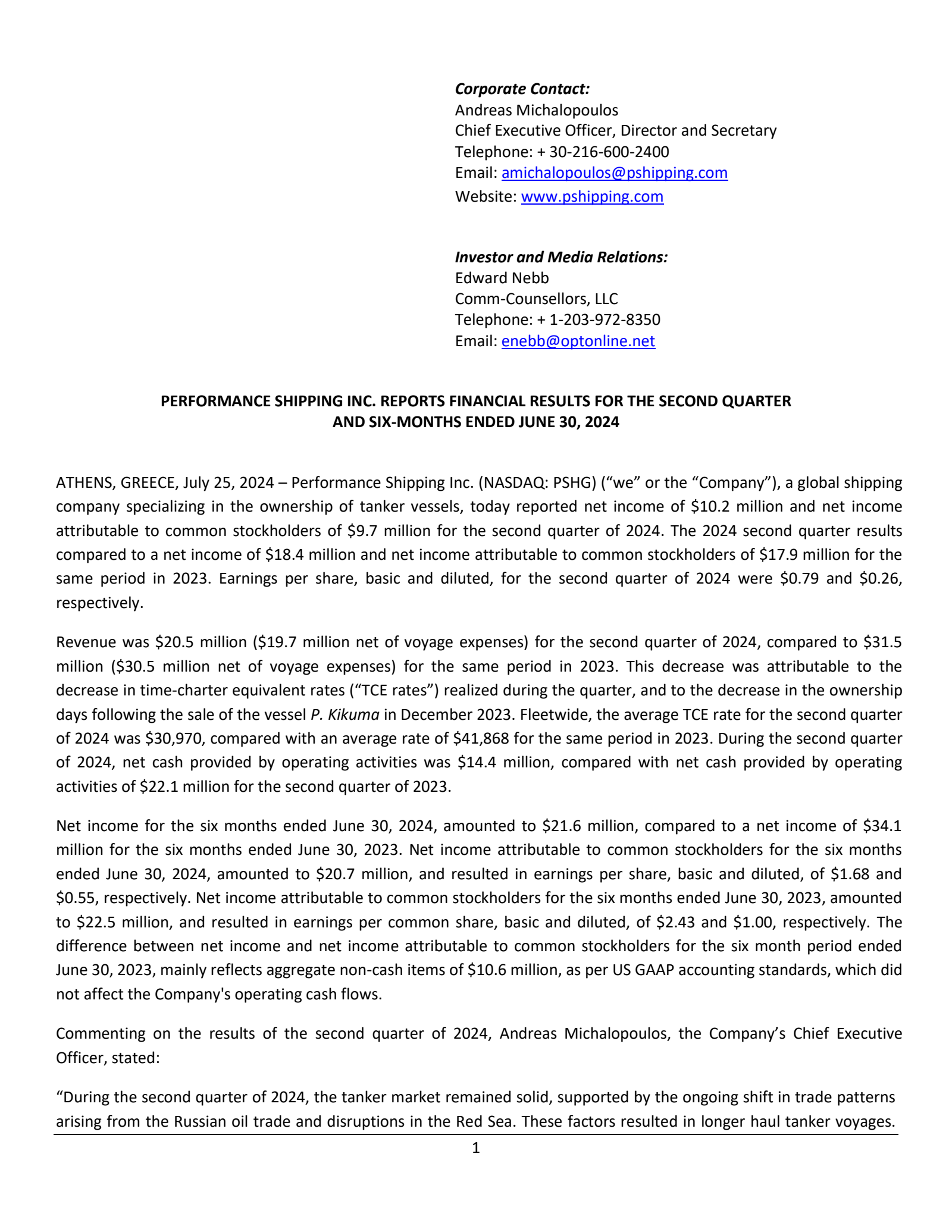 Performance Shipping's Q2 2024 Press Release