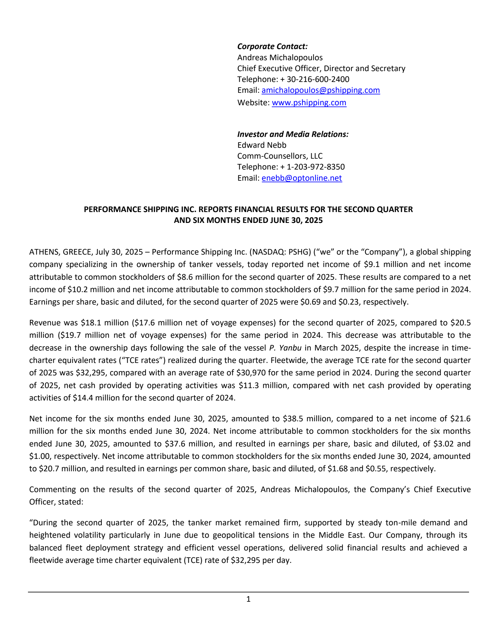 Performance Shipping's Q2 2025 Press Release