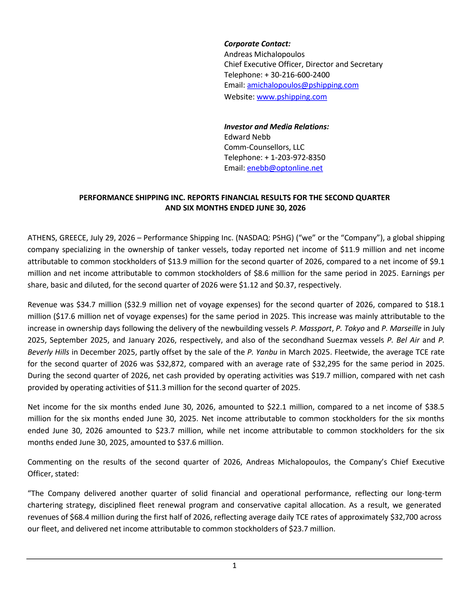 Performance Shipping's Q2 2026 Press Release