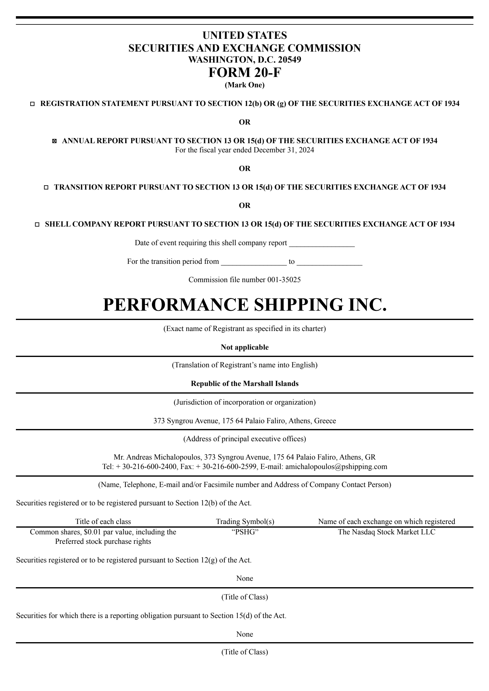 Performance Shipping's Q4 2024 Annual report