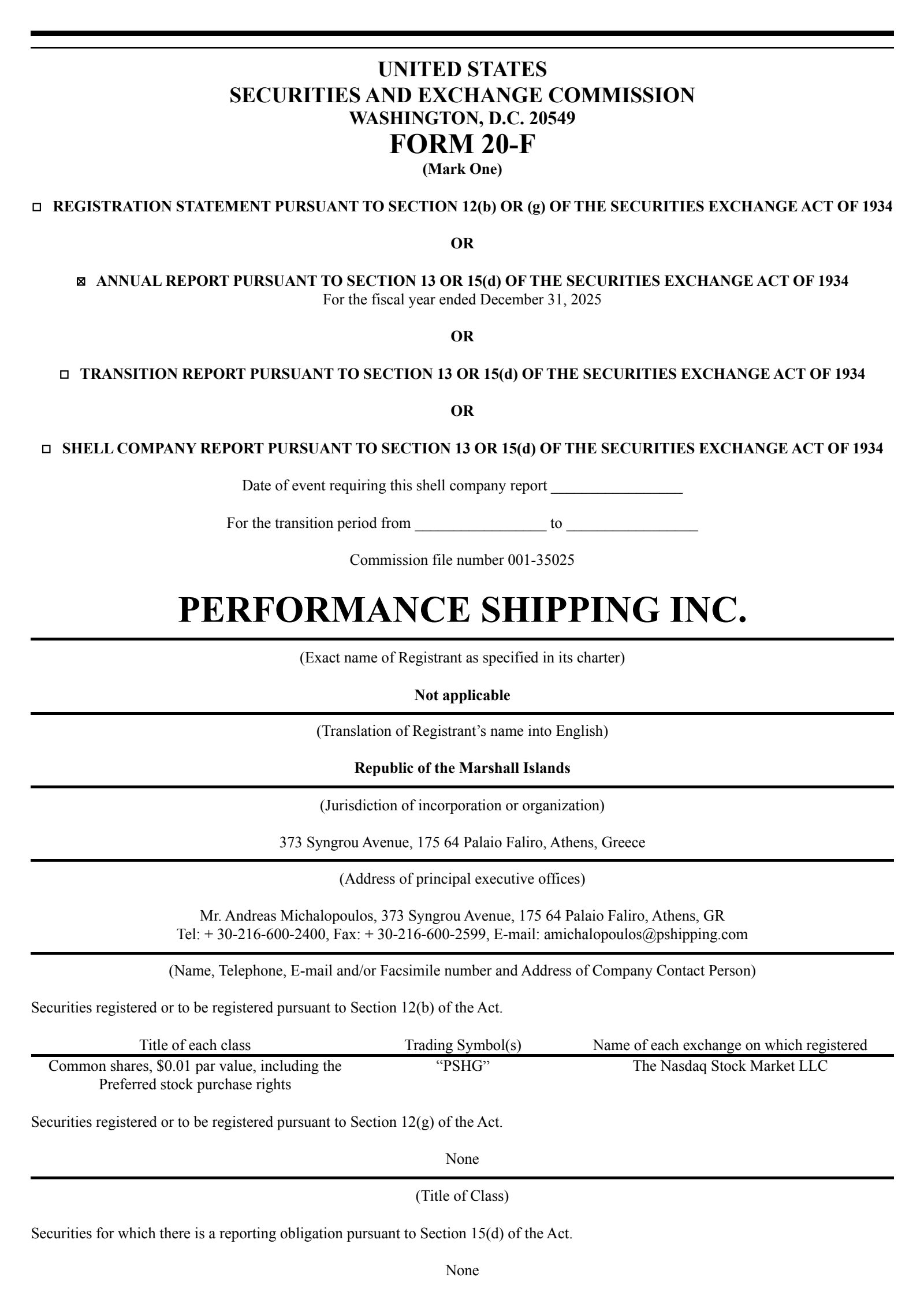 Performance Shipping's Q4 2025 Annual report