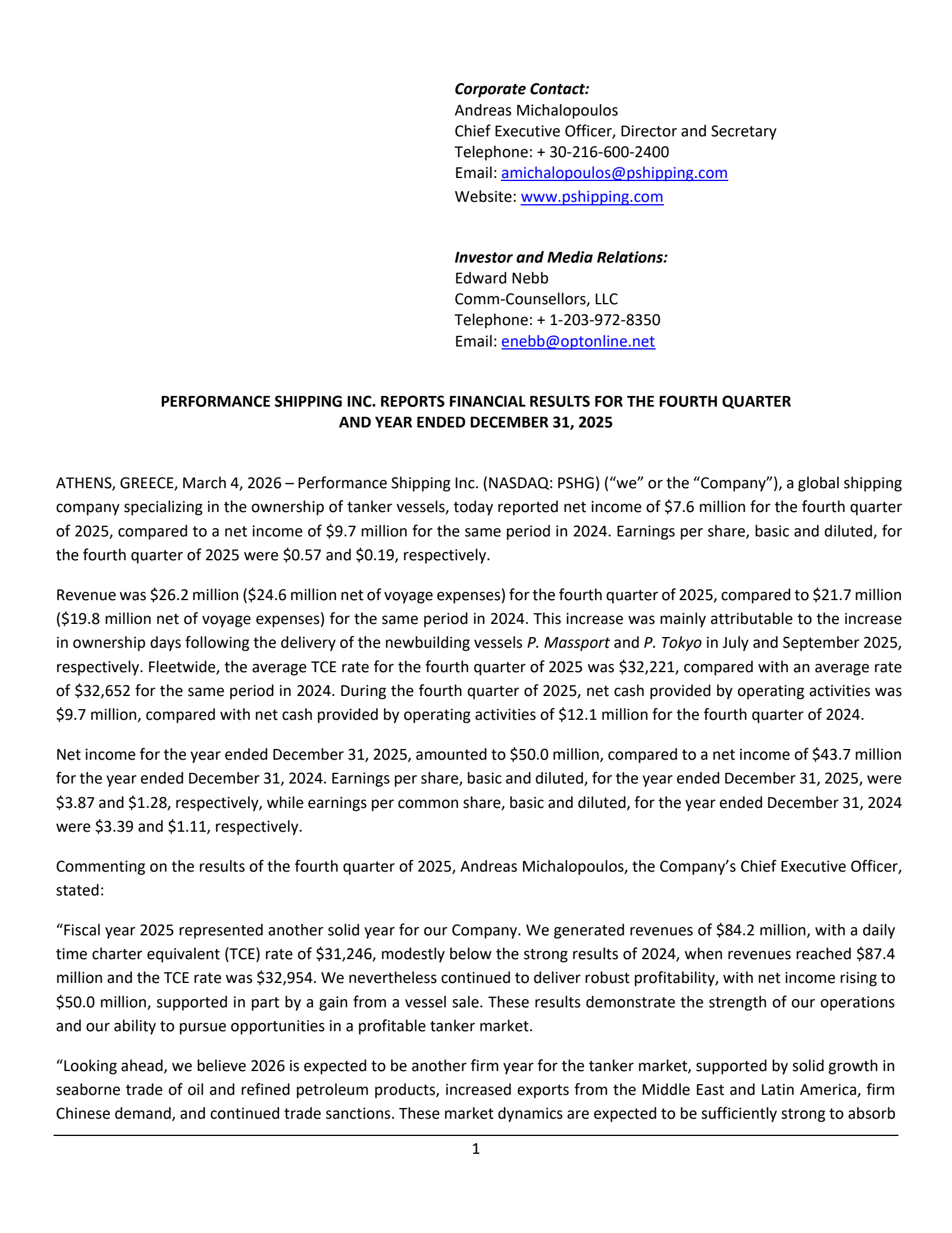 Performance Shipping's Q4 2025 Press Release