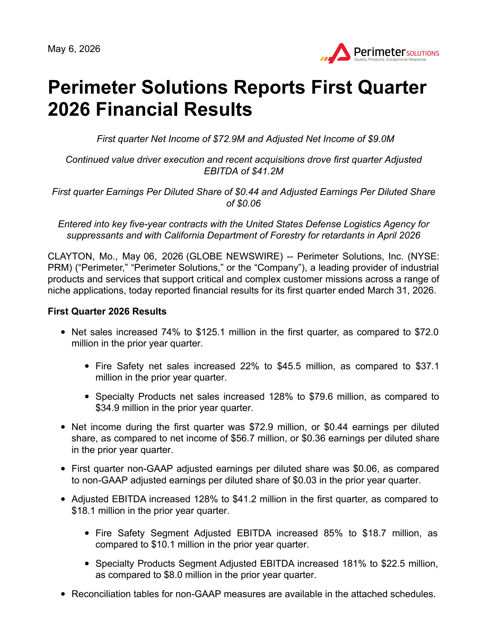 Perimeter Solutions' Q1 2026 Press Release