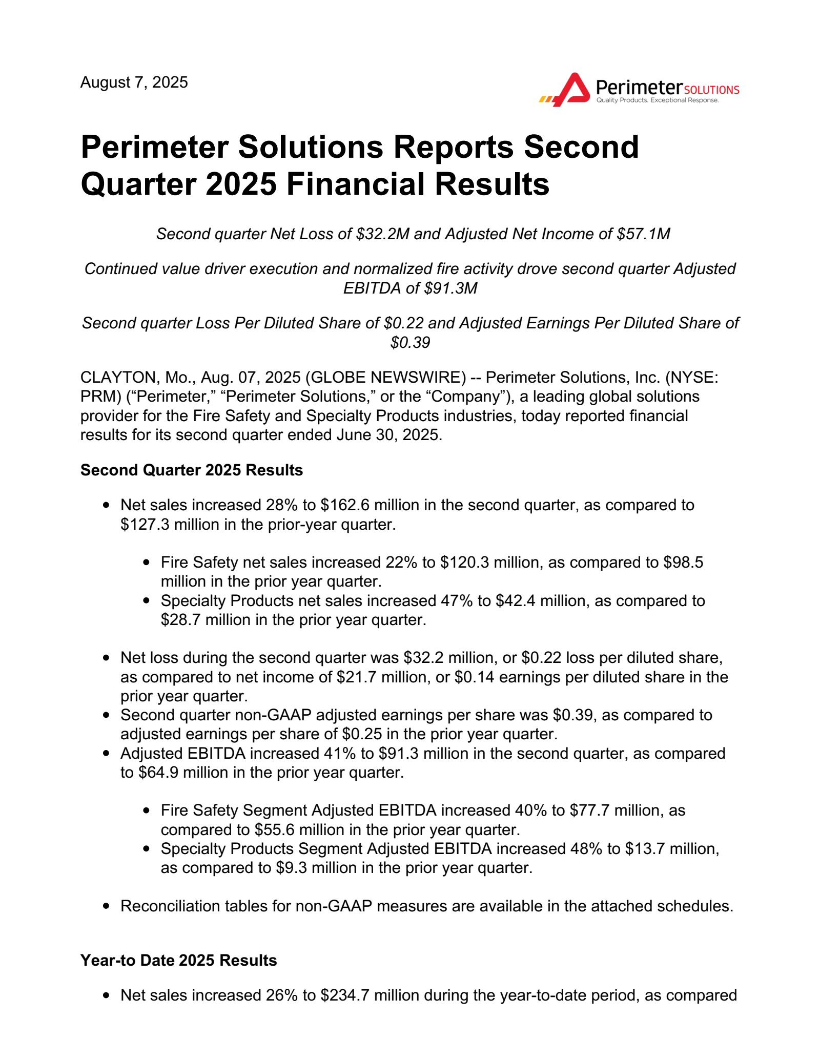 Perimeter Solutions' Q2 2025 Press Release
