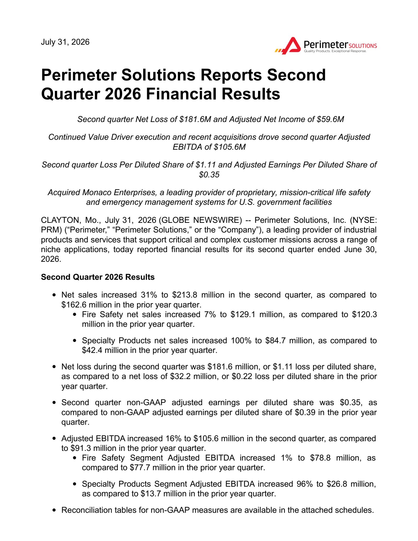 Perimeter Solutions' Q2 2026 Press Release