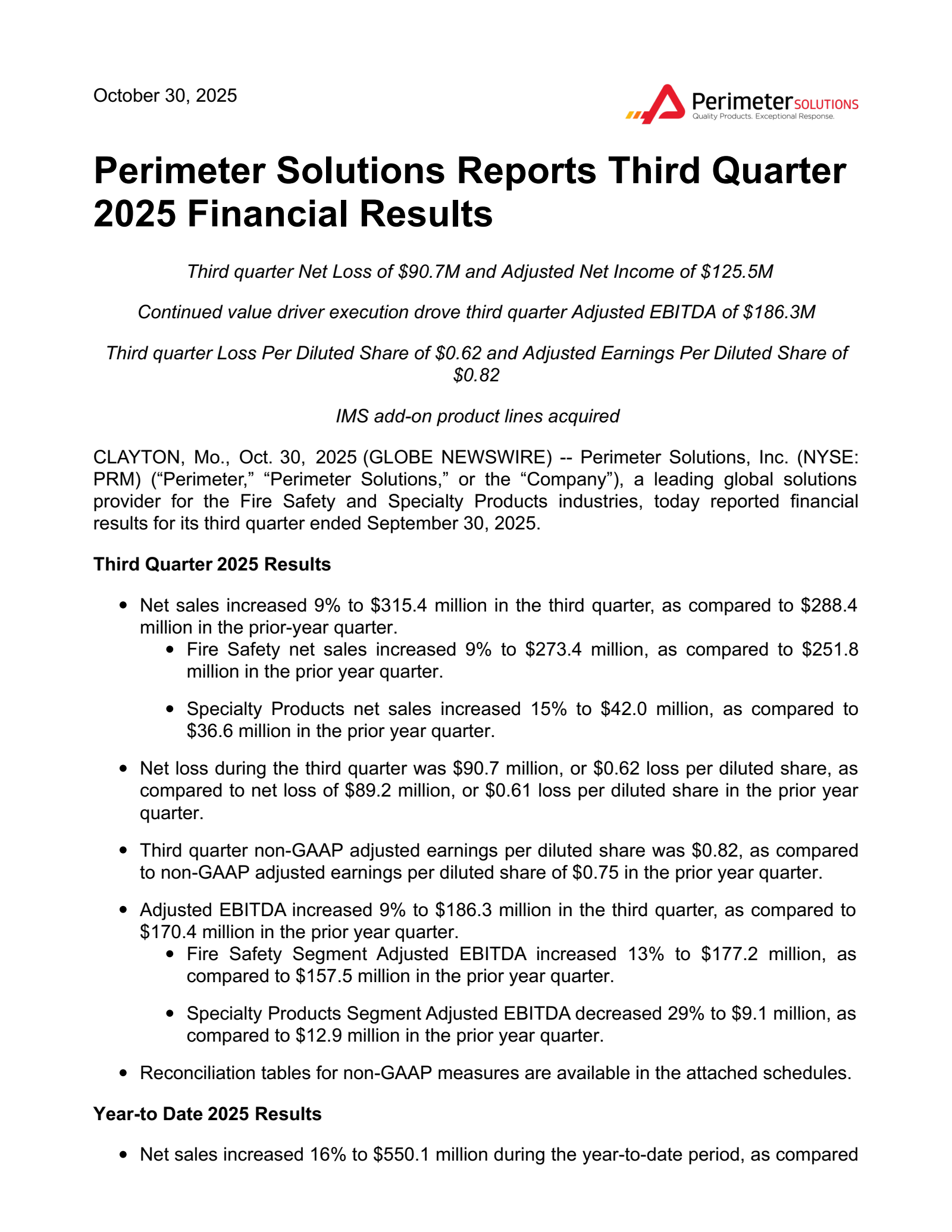 Perimeter Solutions' Q3 2025 Earnings Release