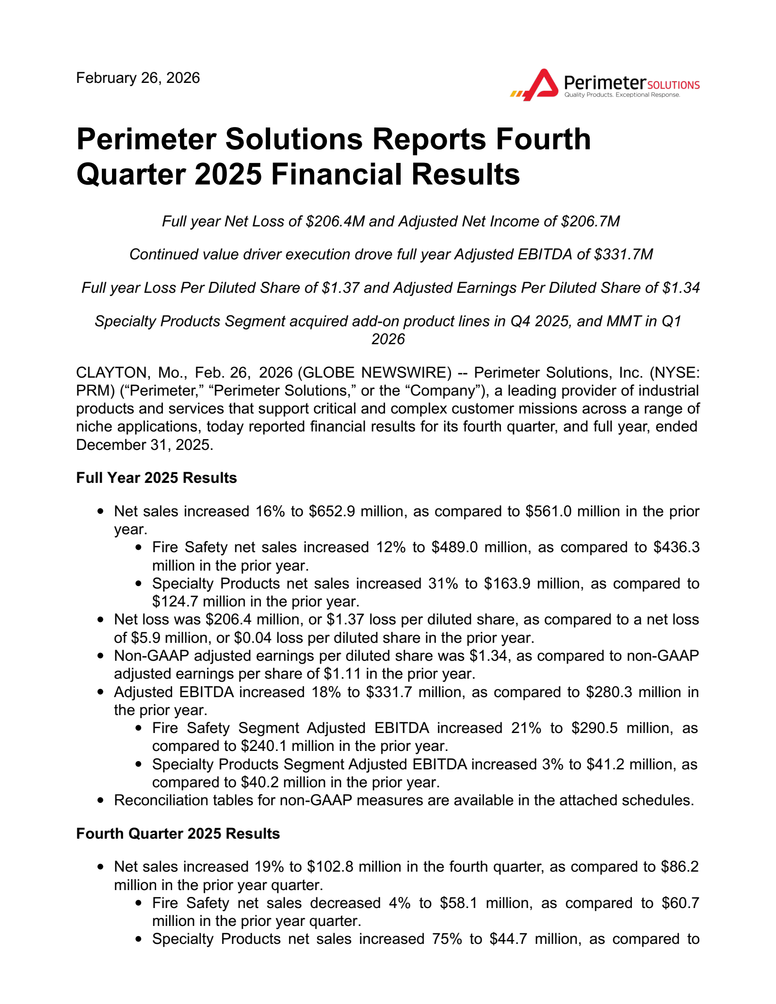 Perimeter Solutions' Q4 2025 Press Release
