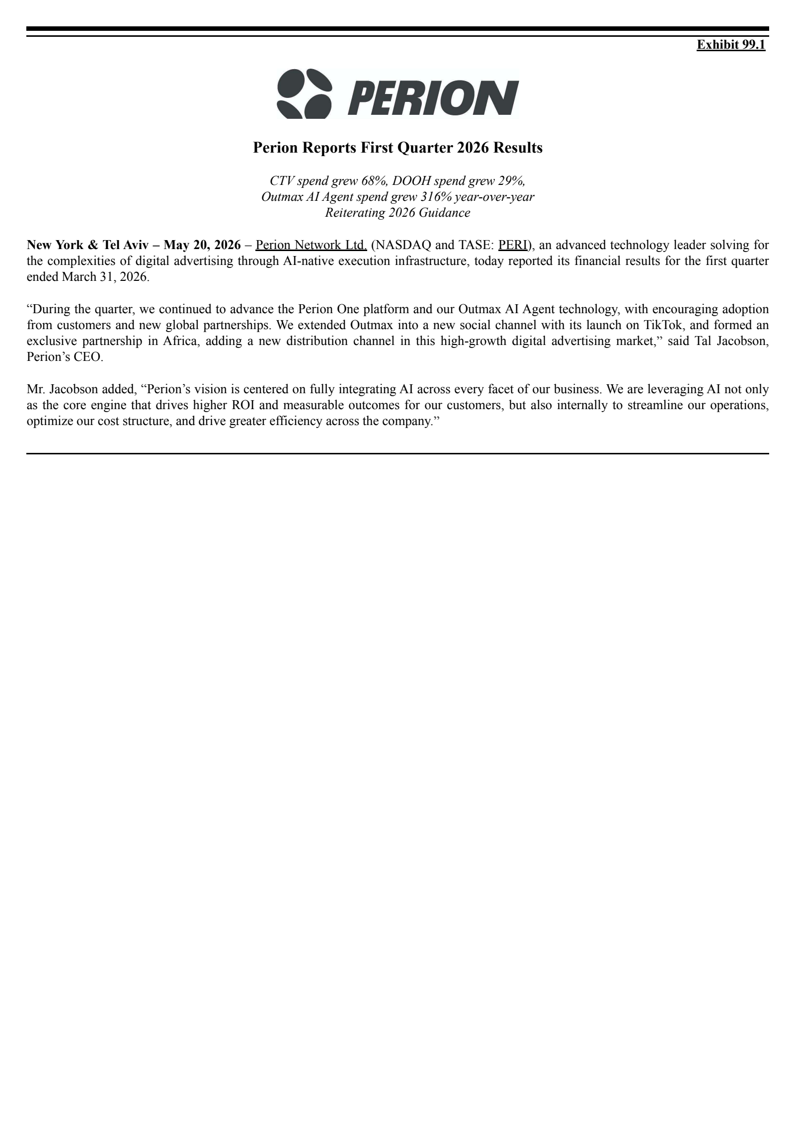 Perion Network's Q1 2026 Press Release