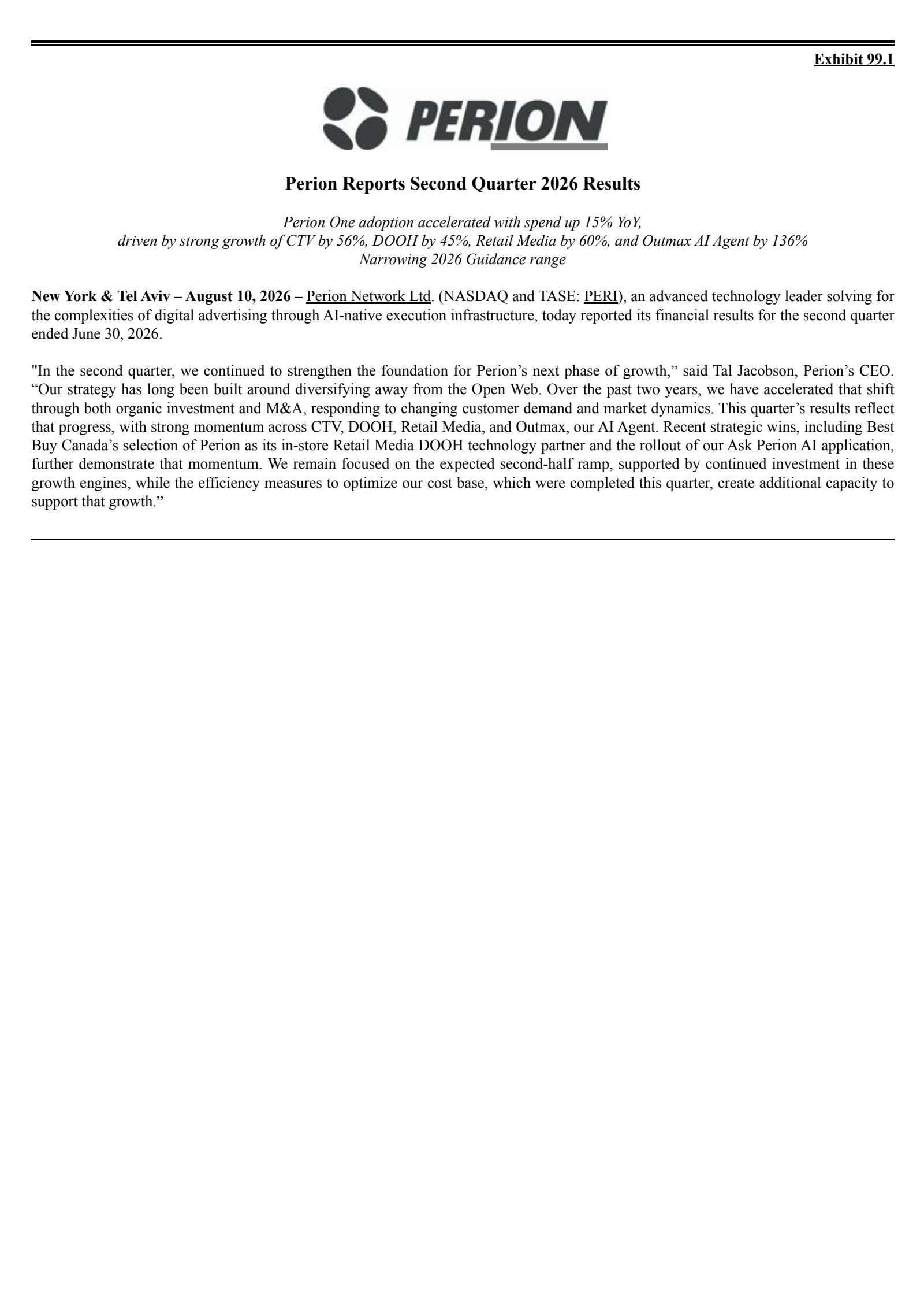 Perion Network's Q2 2026 Press Release