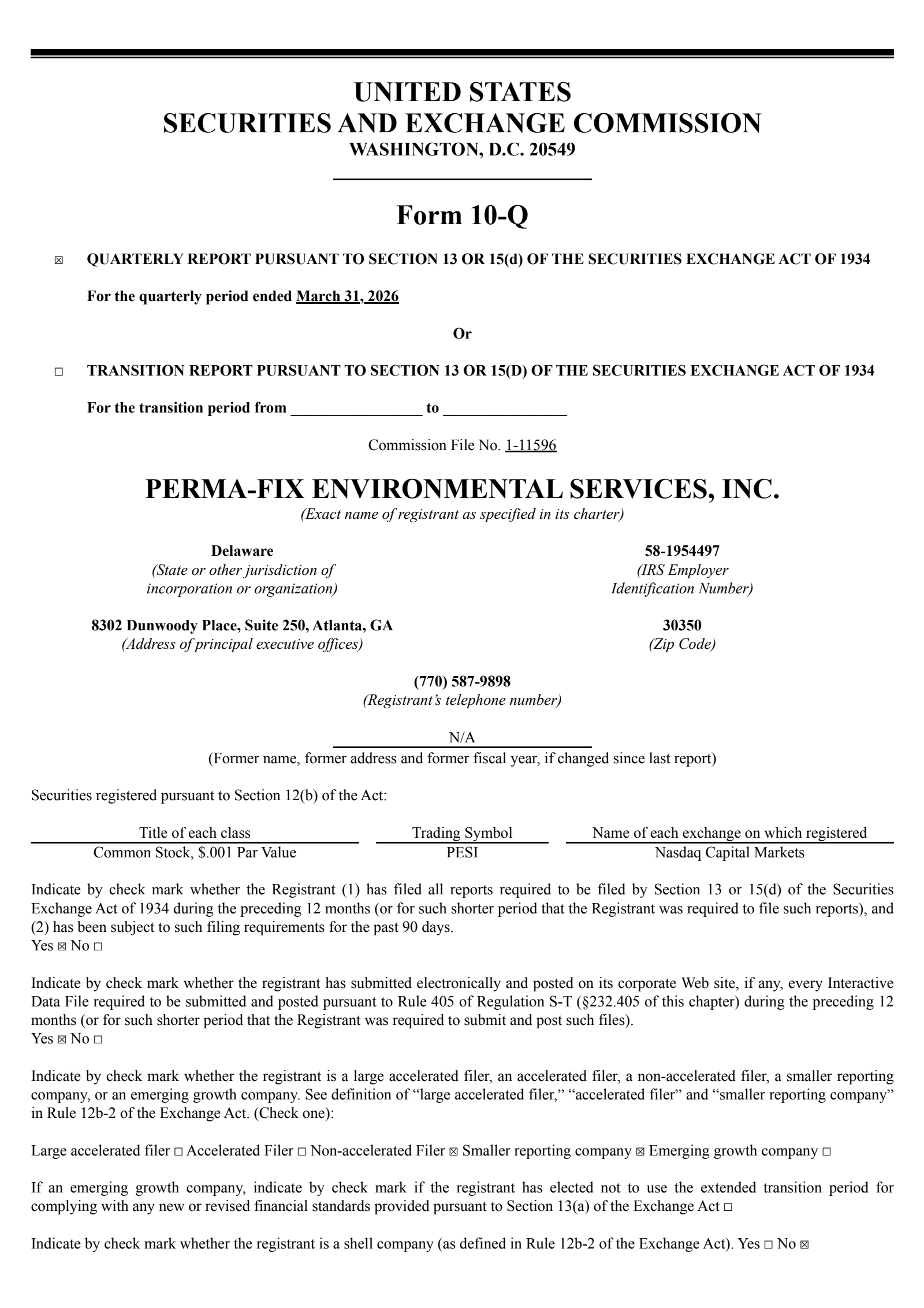 Perma-Fix Environmental Services' Q1 2026 Quarterly report