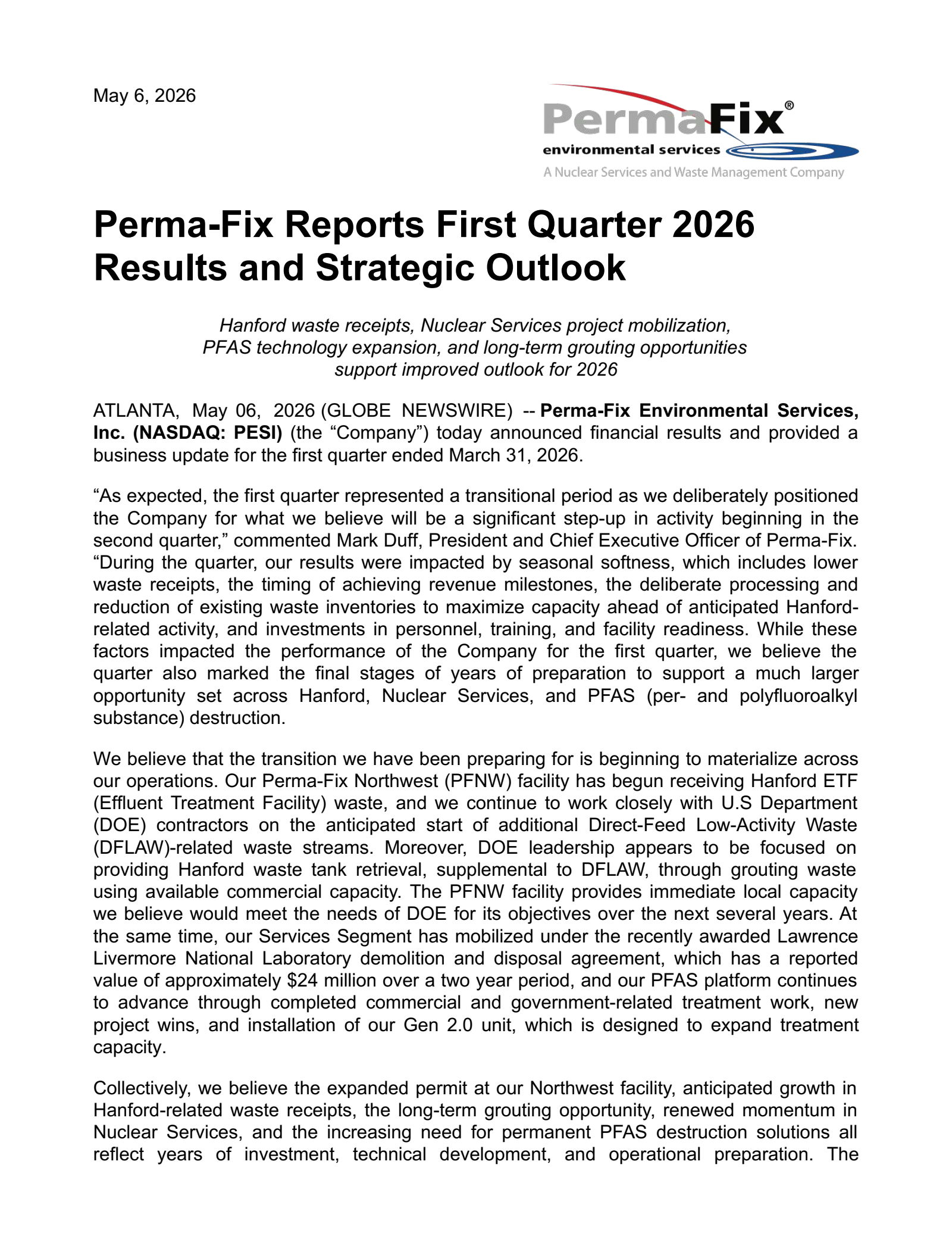 Perma-Fix Environmental Services' Q1 2026 Press Release