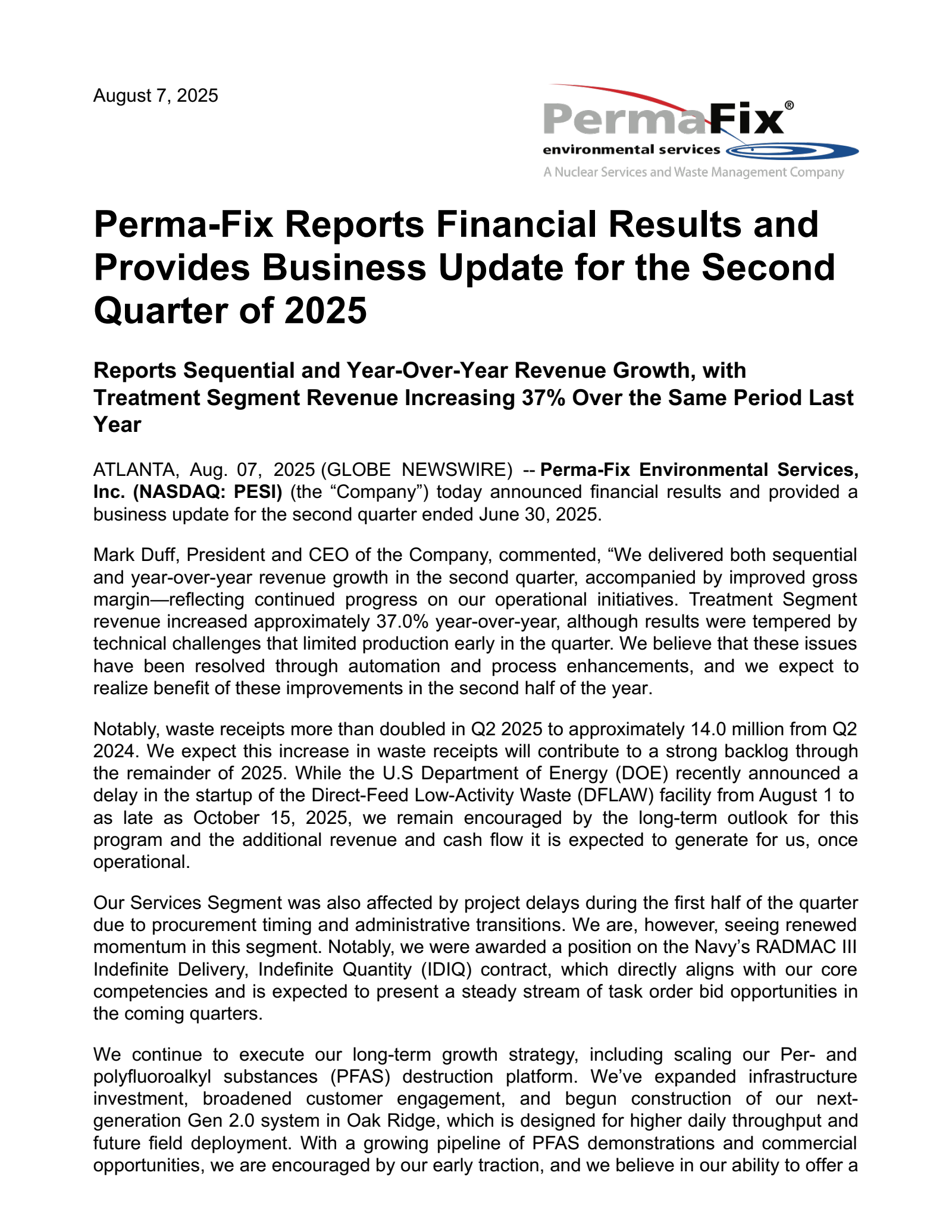 Perma-Fix Environmental Services' Q2 2025 Press Release