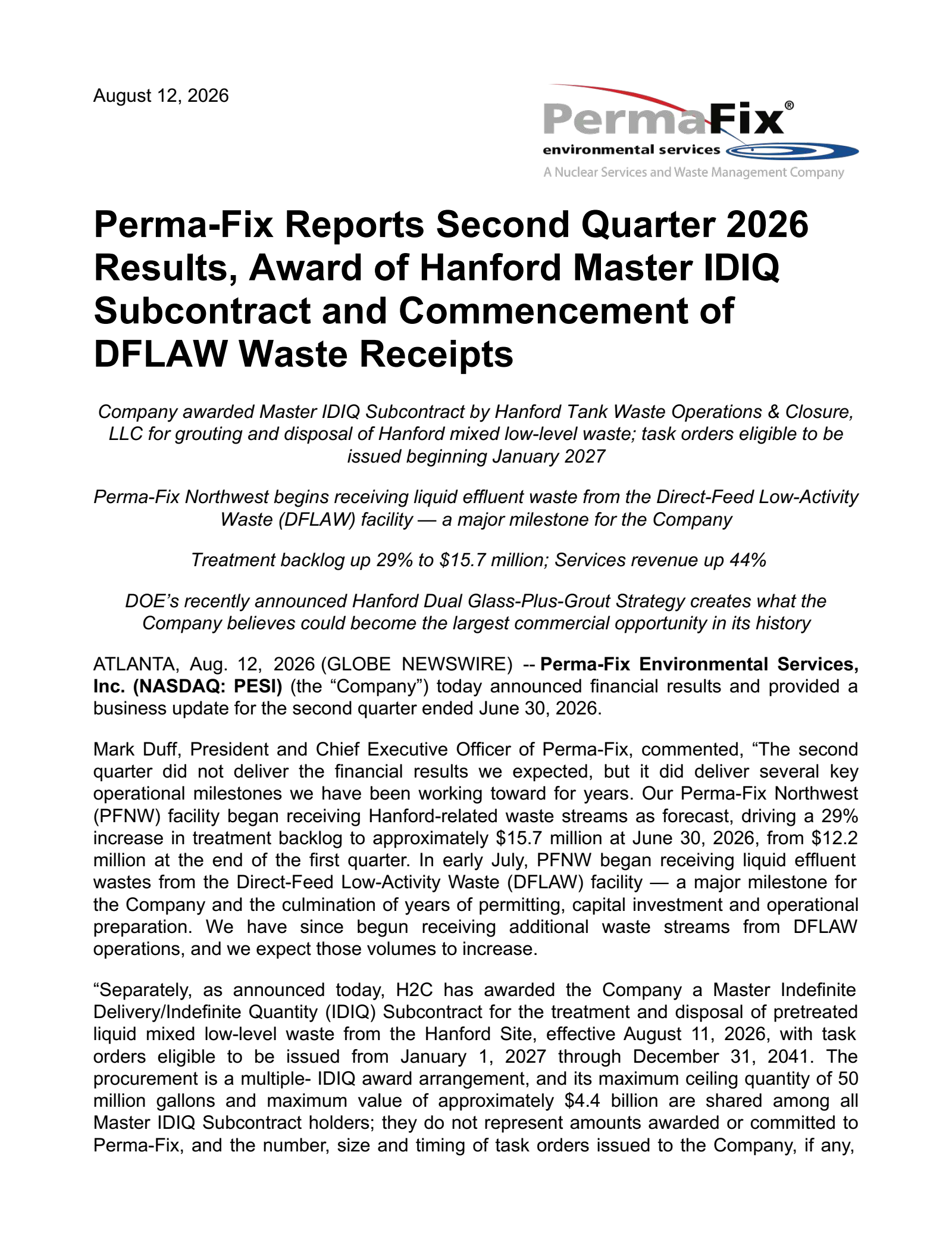 Perma-Fix Environmental Services' Q2 2026 Press Release
